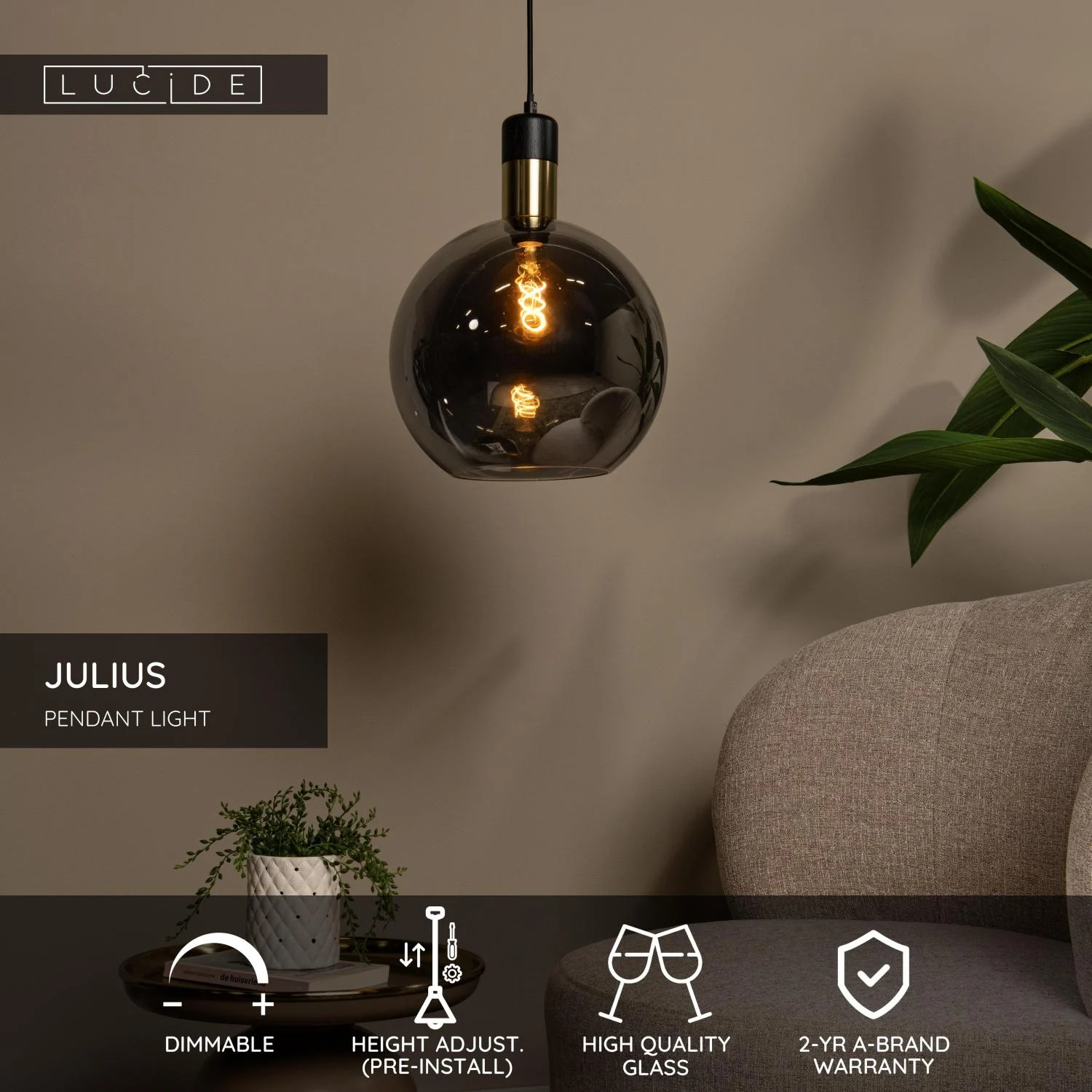 Lucide JULIUS - Zu00e1vesnu00e9 svetlo - u00d8 40 cm - 1xE27 - Smoke Grey