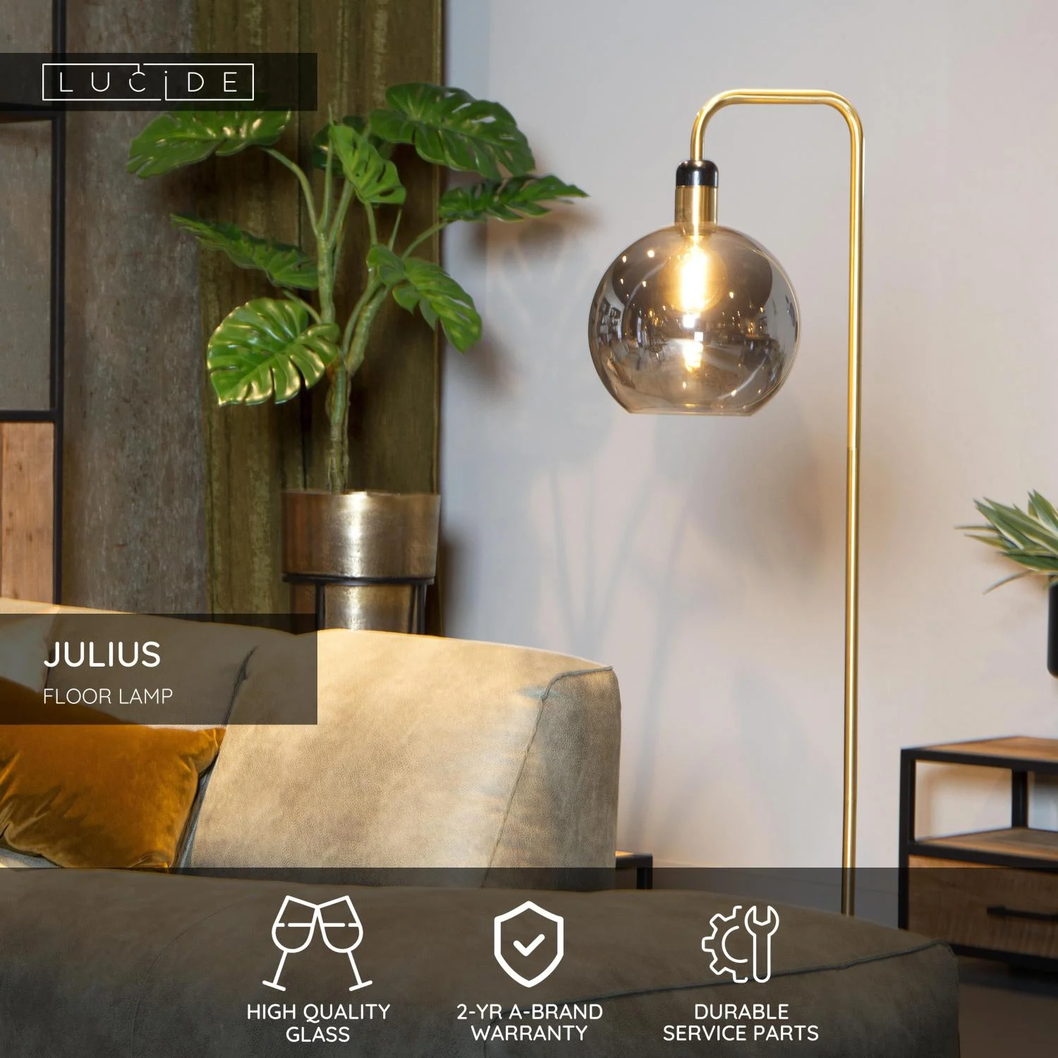 Lucide JULIUS - Stojaca lampa - u00d8 28 cm - 1xE27 - Smoke Grey