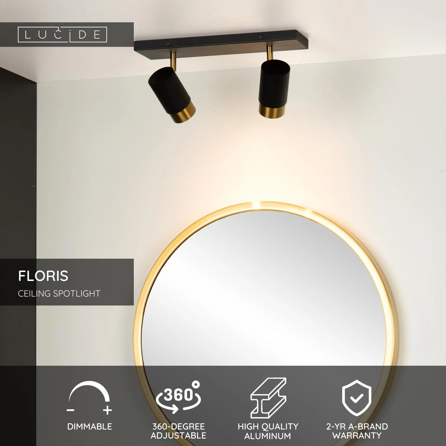 Lucide FLORIS - Stropnu00e9 reflektory - 2xGU10 - u010dierne