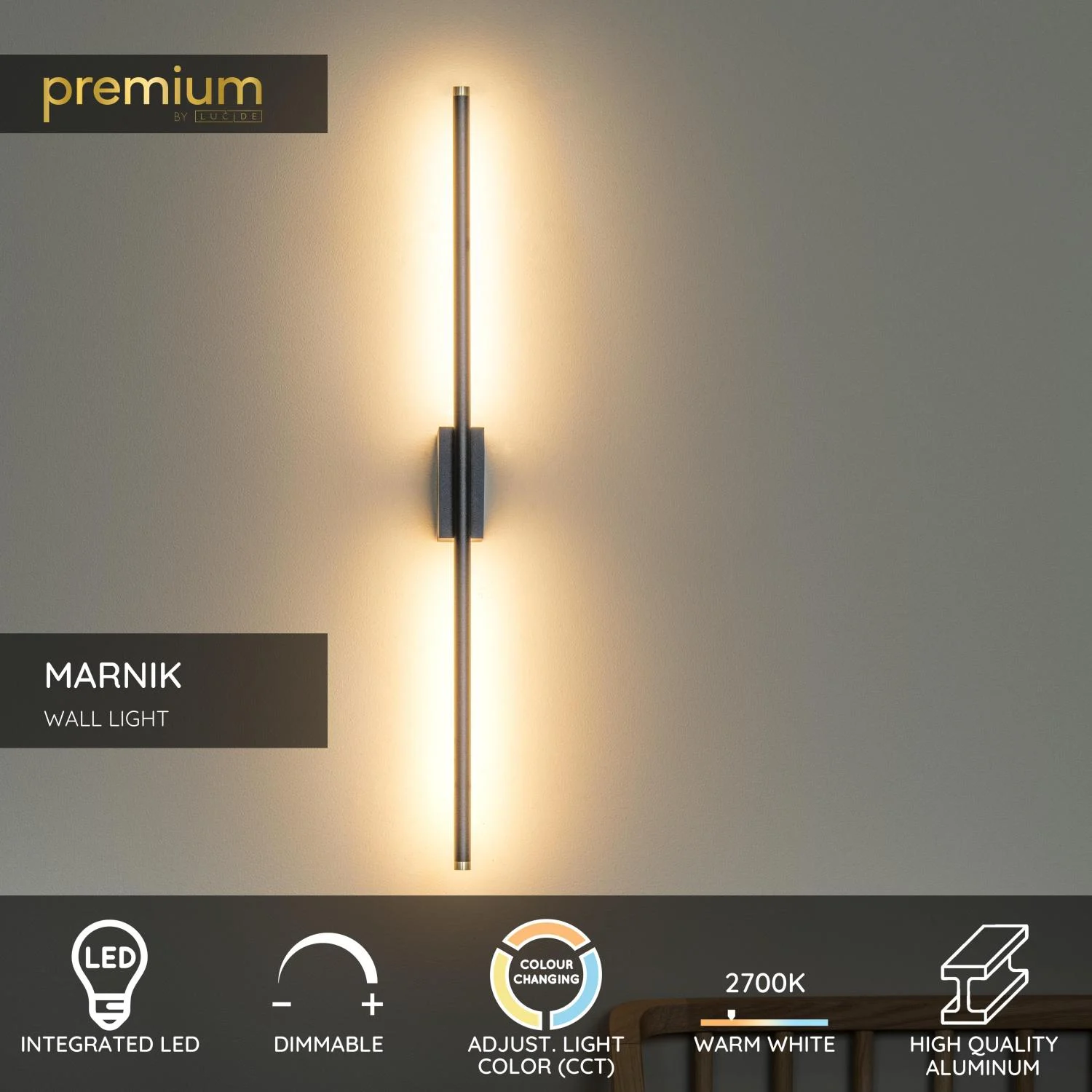 Lucide MARNIK - Nu00e1stennu00e9 svetlo - LED tlmenu00e9. - CCT - 1x13W 2700K/4000K - Senzor ruu010dnu00fdch vu013an - u010dierny | Pru00e9miovu00e9