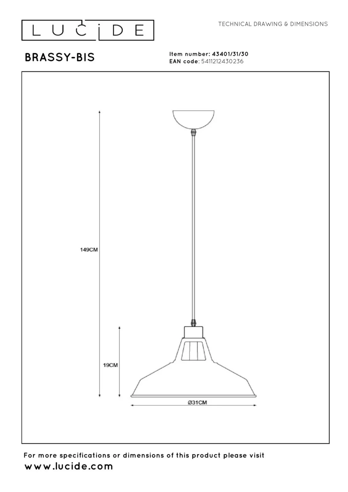 Lucide BRASSY-BIS - Zu00e1vesnu00e9 svetlo - u00d8 31 cm - 1xE27 - u010cierna