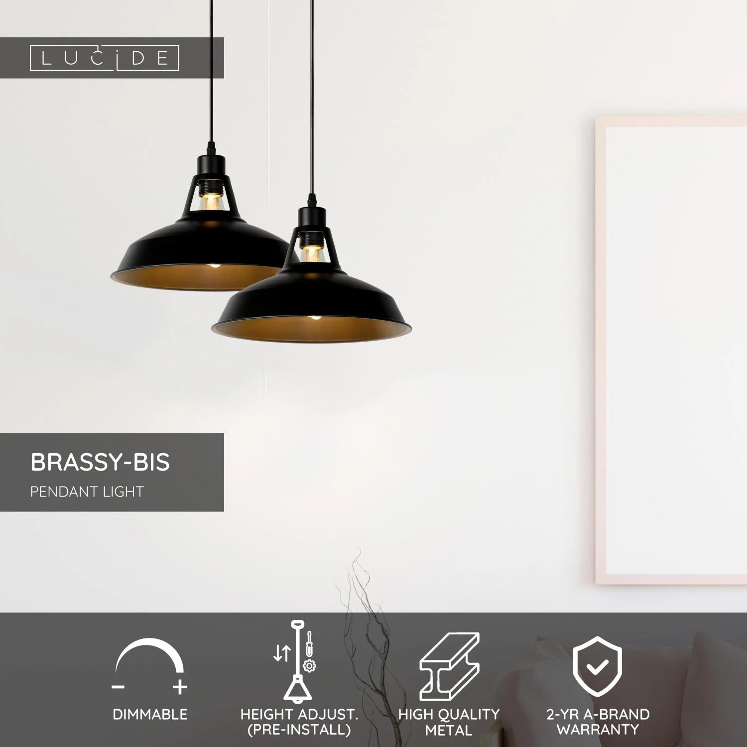 Lucide BRASSY-BIS - Zu00e1vesnu00e9 svetlo - u00d8 31 cm - 1xE27 - u010cierna