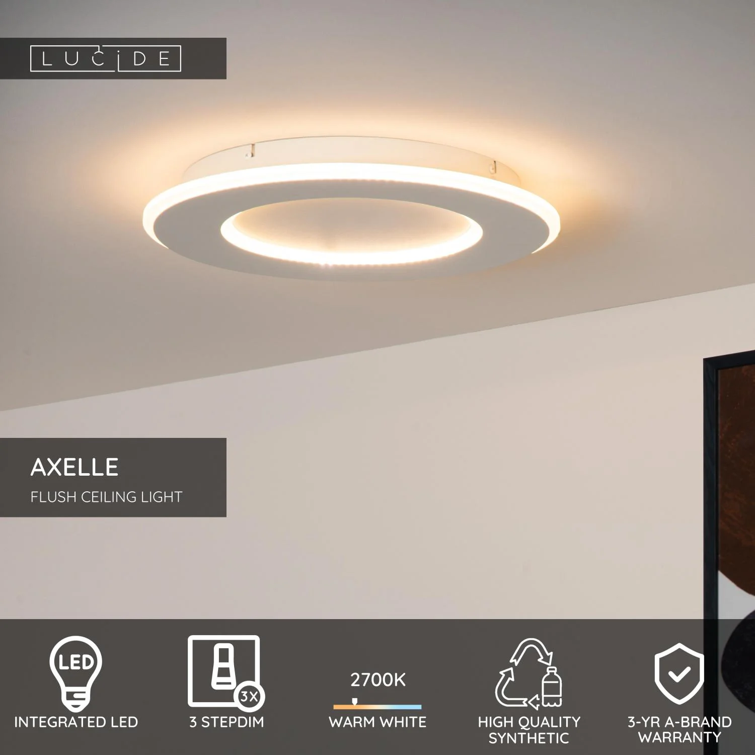 Lucide AXELLE - Zapustenu00e9 stropnu00e9 svetlo - u00d8 39,6 cm - LED 3 StepDim - 1x24W 2700K - biela