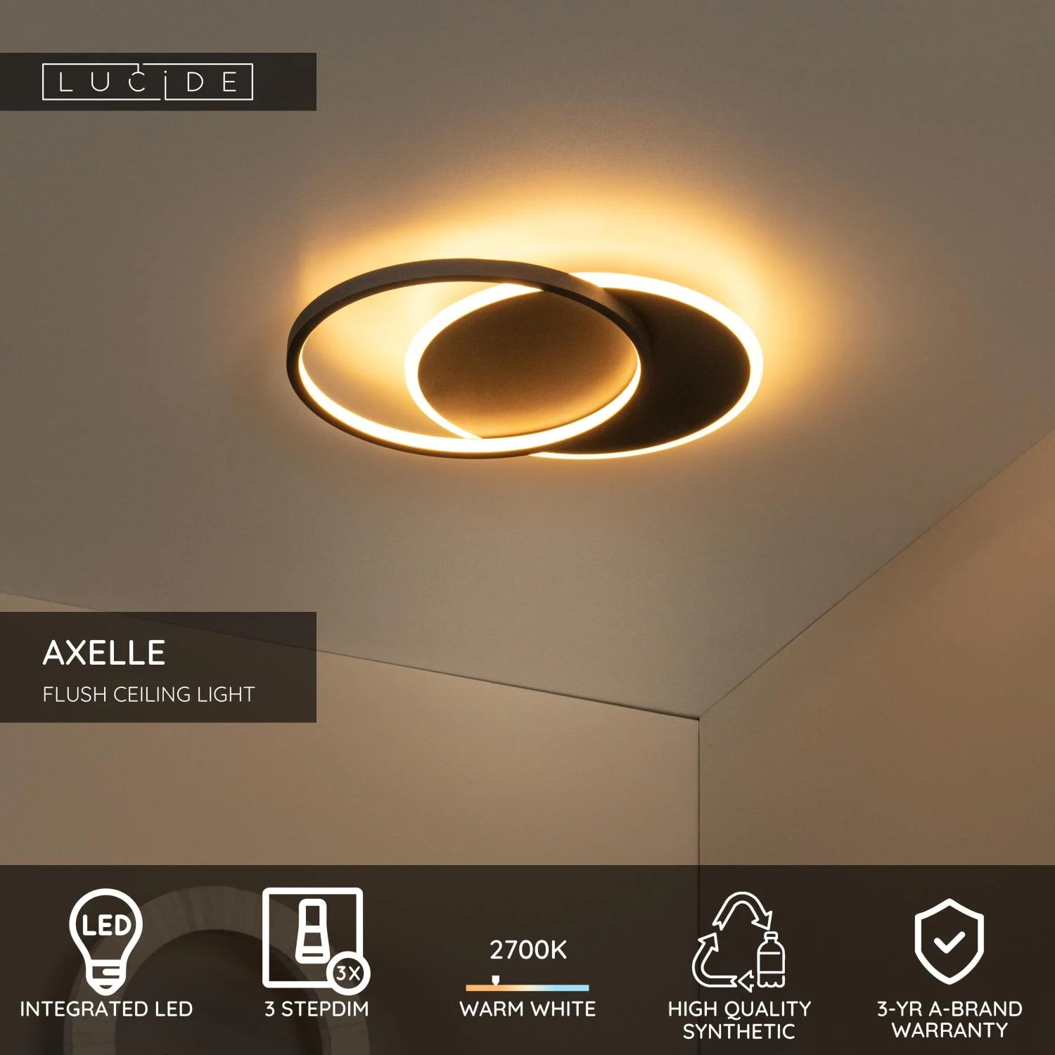 Lucide AXELLE - Zapustenu00e9 stropnu00e9 svetlo - u00d8 29,5 cm - LED 3 StepDim - 1x24W 2700K - u010dierna