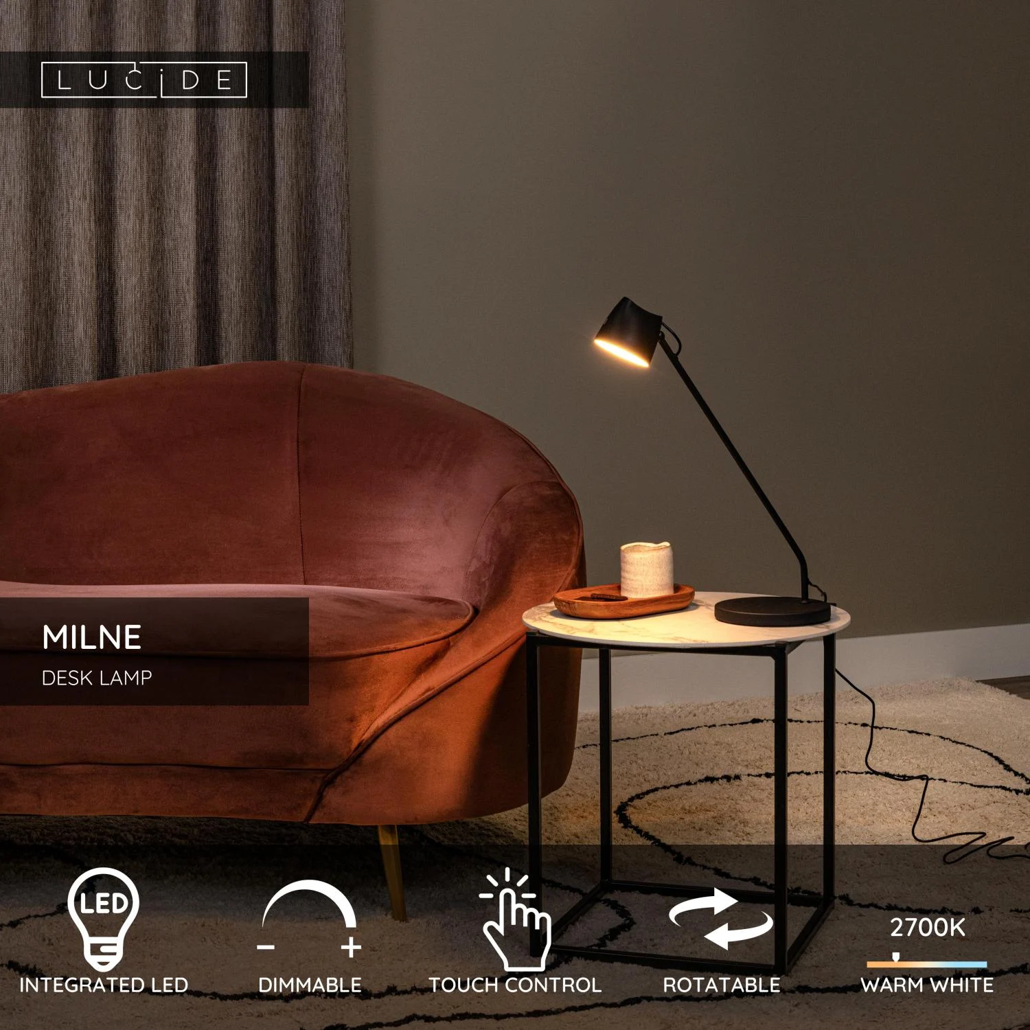 Lucide MILNE - Stolnu00e1 lampa - LED tlmenu00e1 - 1x8W 2700K - u010dierna