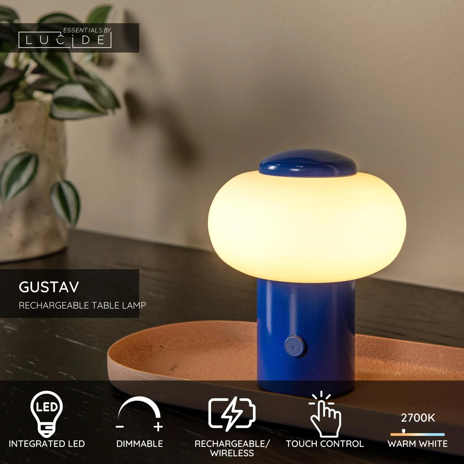 Lucide GUSTAV - Nabu00edjateu013enu00e1 stolnu00e1 lampa - Batu00e9riovu00fd balu00edk - u00d8 8 cm - LED tlmenu00e1 - 1x0,8W 2700K - modru00e1 | Essential
