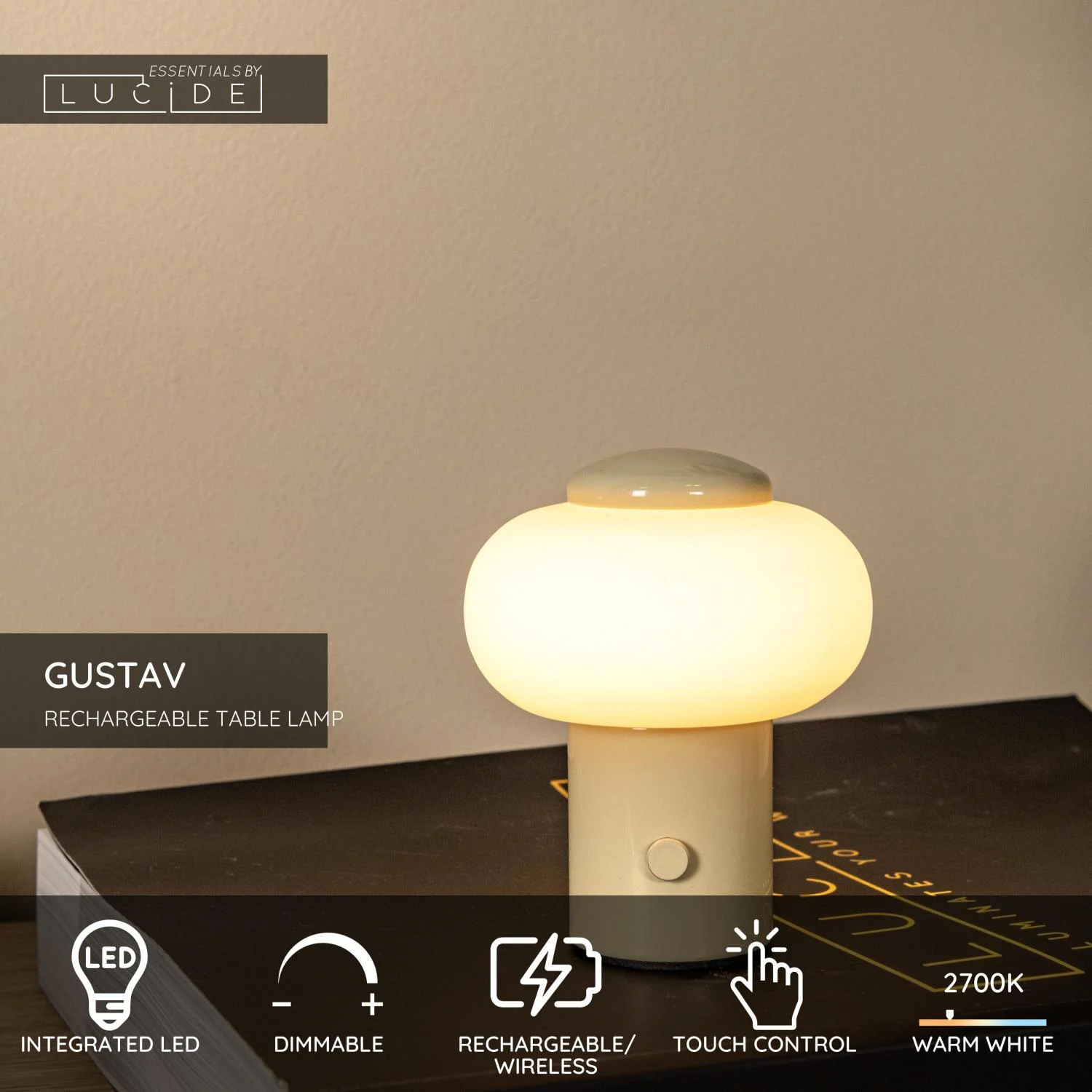 Lucide GUSTAV - Nabu00edjateu013enu00e1 stolnu00e1 lampa - Batu00e9riovu00fd balu00edk - u00d8 8 cm - LED tlmenu00e1 - 1x0,8W 2700K - kru00e9movu00e1 | Essential
