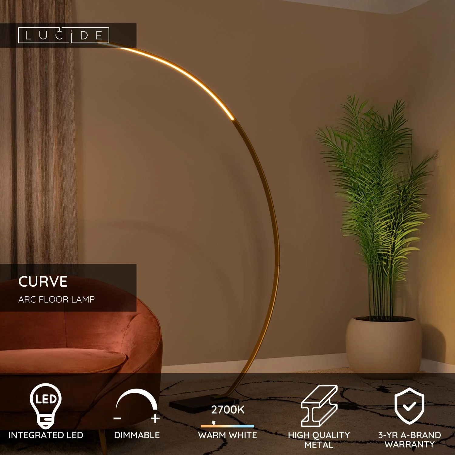 Lucide CURVE - oblu00fakovu00e1 stojaca lampa - LED tlmenu00e1 - 1x15W 2700K - matnu00e1 zlatu00e1 / mosadznu00e1