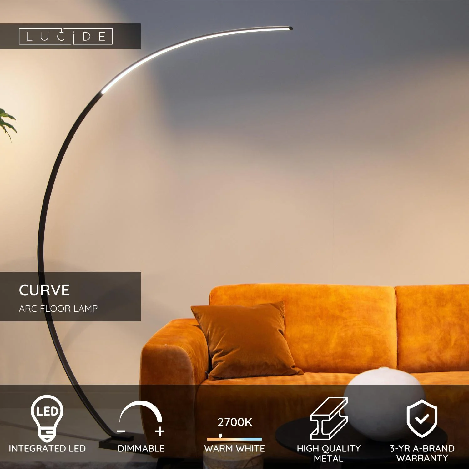 Lucide CURVE - oblu00fakovu00e1 stojacia lampa - LED tlmenu00e1. - 1x15W 2700K - u010dierna