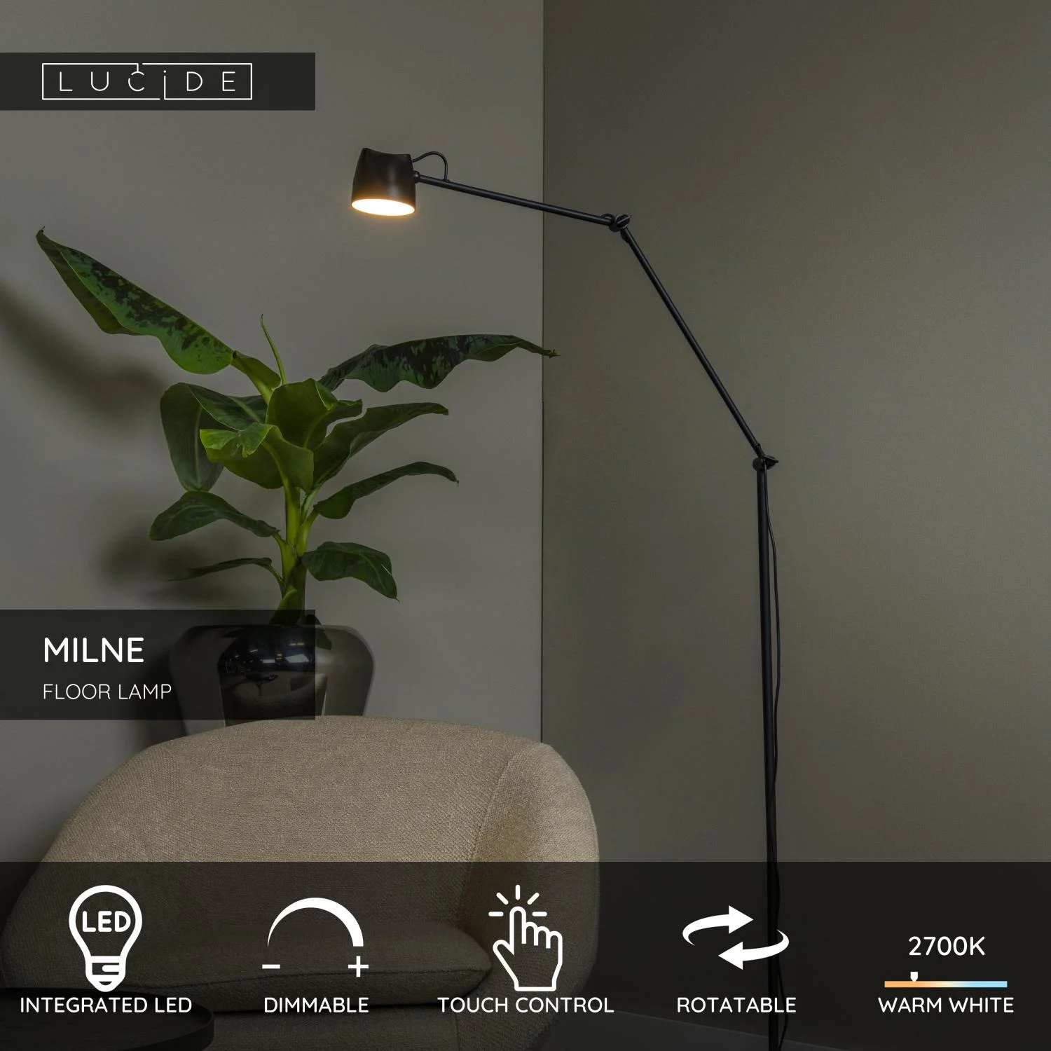 Lucide MILNE - Stojaca lampa - LED tlmenu00e1. - 1x8W 2700K - u010dierna