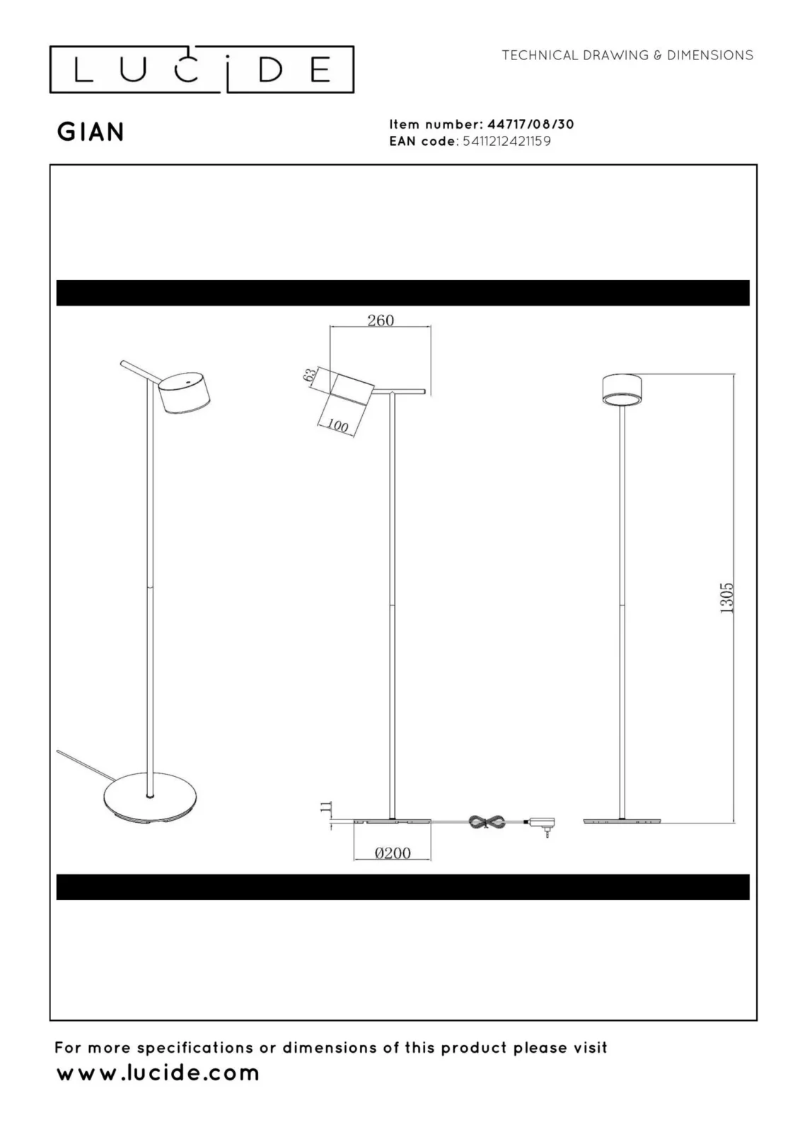 Lucide GIAN - Stojaca lampa - LED tlmenu00e1. - 1x9W 2700K - u010dierna