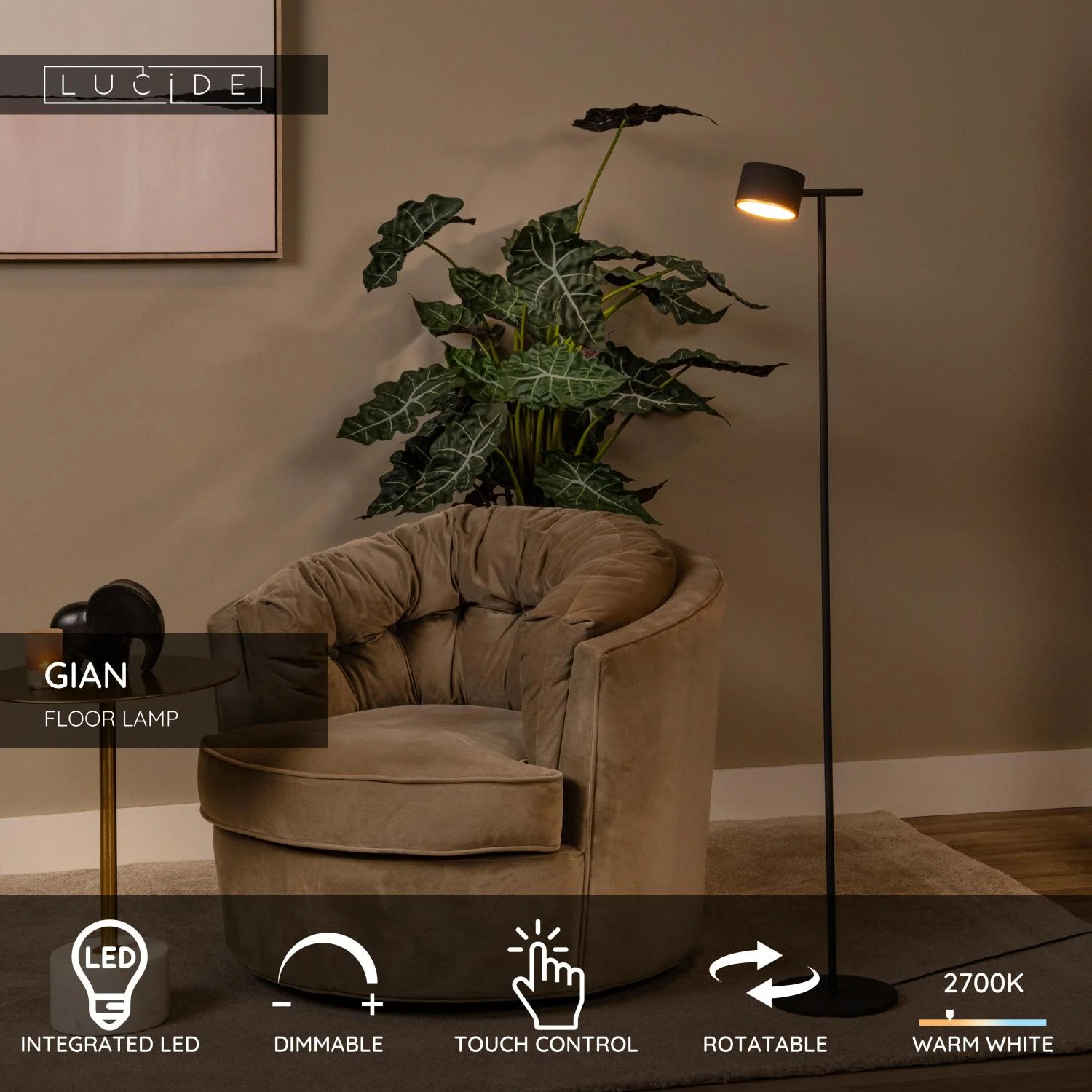 Lucide GIAN - Stojaca lampa - LED tlmenu00e1. - 1x9W 2700K - u010dierna