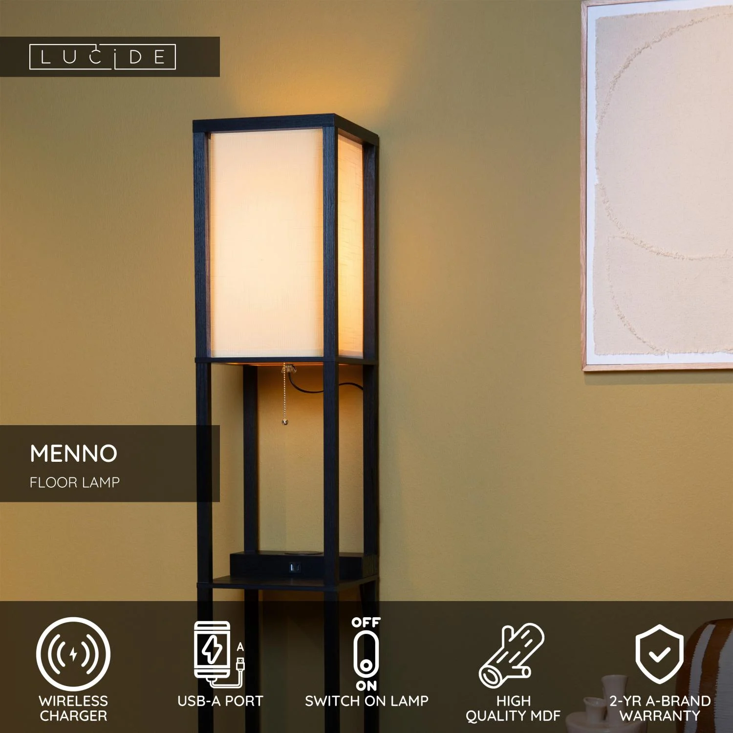 Lucide MENNO - Stojaca lampa - 1xE27 - S bezdru00f4tovou nabu00edjau010dkou - u010dierna