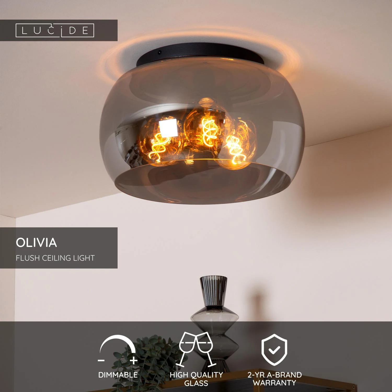 Lucide OLIVIA - Spu00fau0161u0165acie stropnu00e9 svetlo - u00d8 40 cm - 3xE27 - Smoke Grey