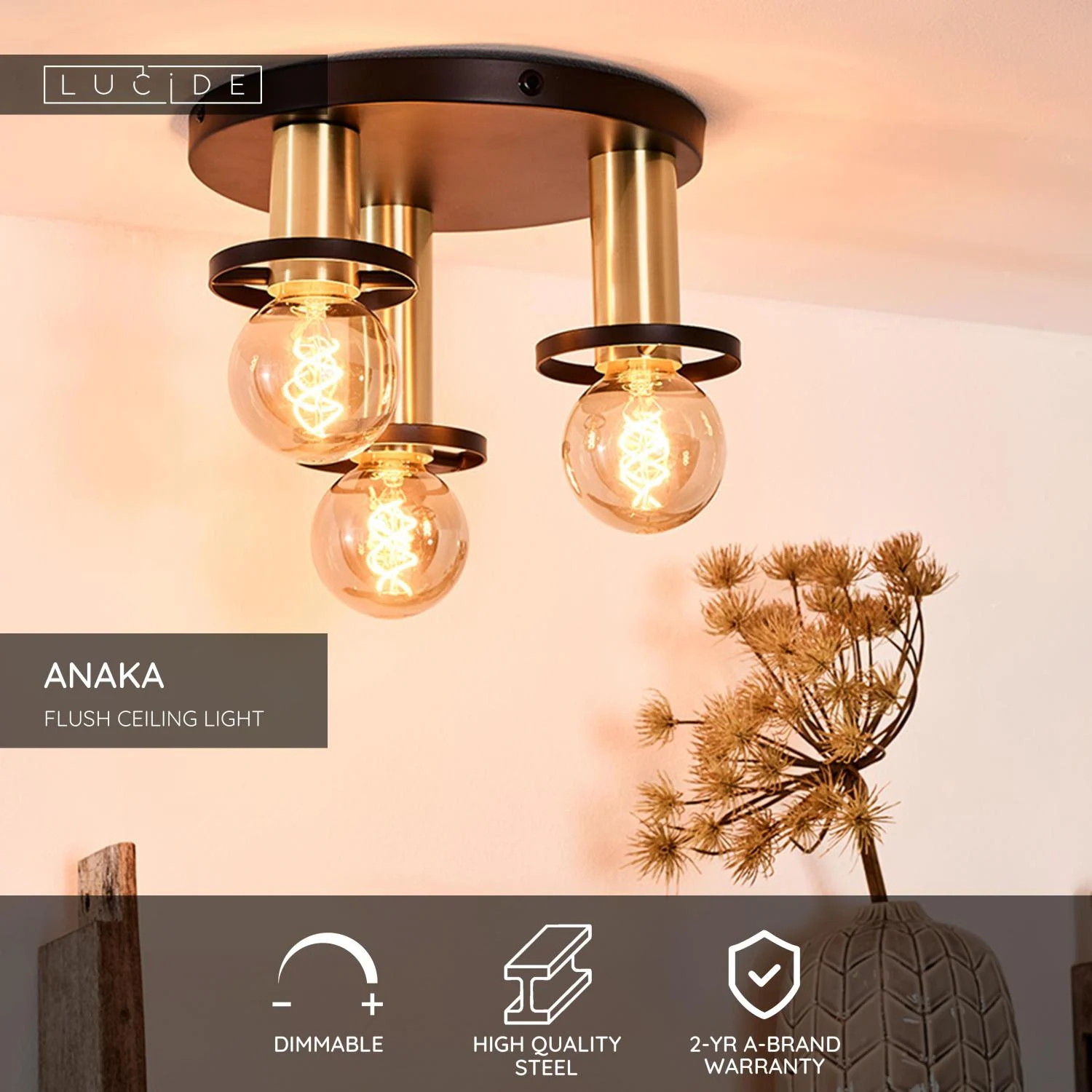 Lucide ANAKA - Zapustenu00e9 stropnu00e9 svetlo - u00d8 30 cm - 3xE27 - u010dierne