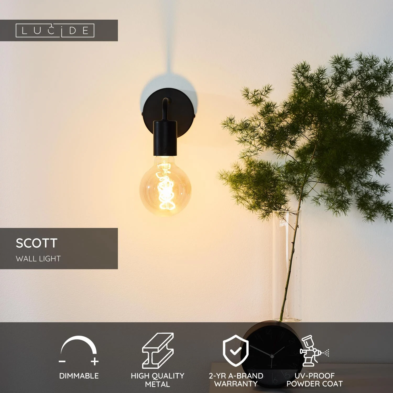 Lucide SCOTT - Nu00e1stennu00e9 svetlo - 1xE27 - u010cierne