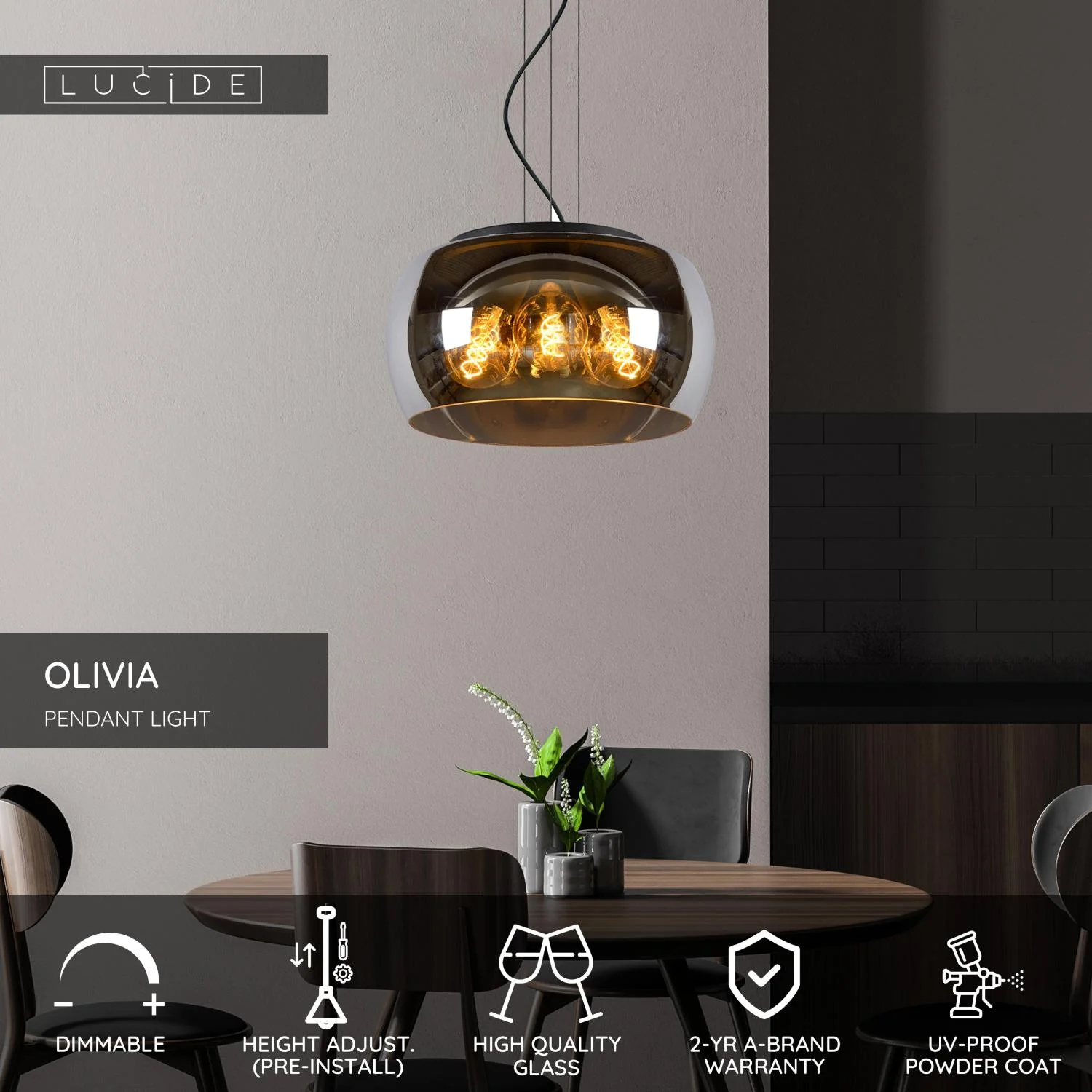Lucide OLIVIA - Zu00e1vesnu00e9 svetlo - u00d8 40 cm - 3xE27 - Smoke Grey