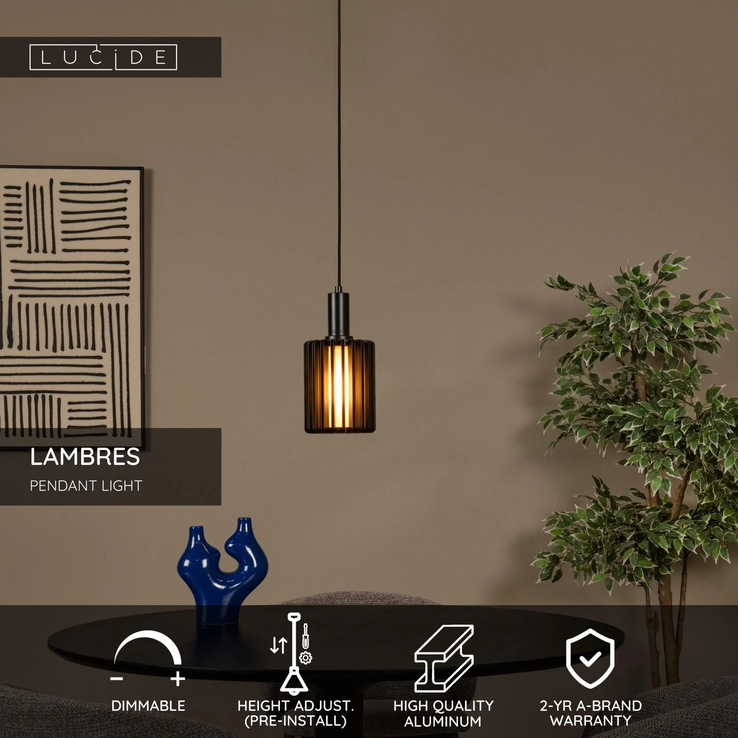 Lucide LAMBRES - zu00e1vesnu00e9 svetlo - u00d8 15 cm - 1xE27 - u010dierne