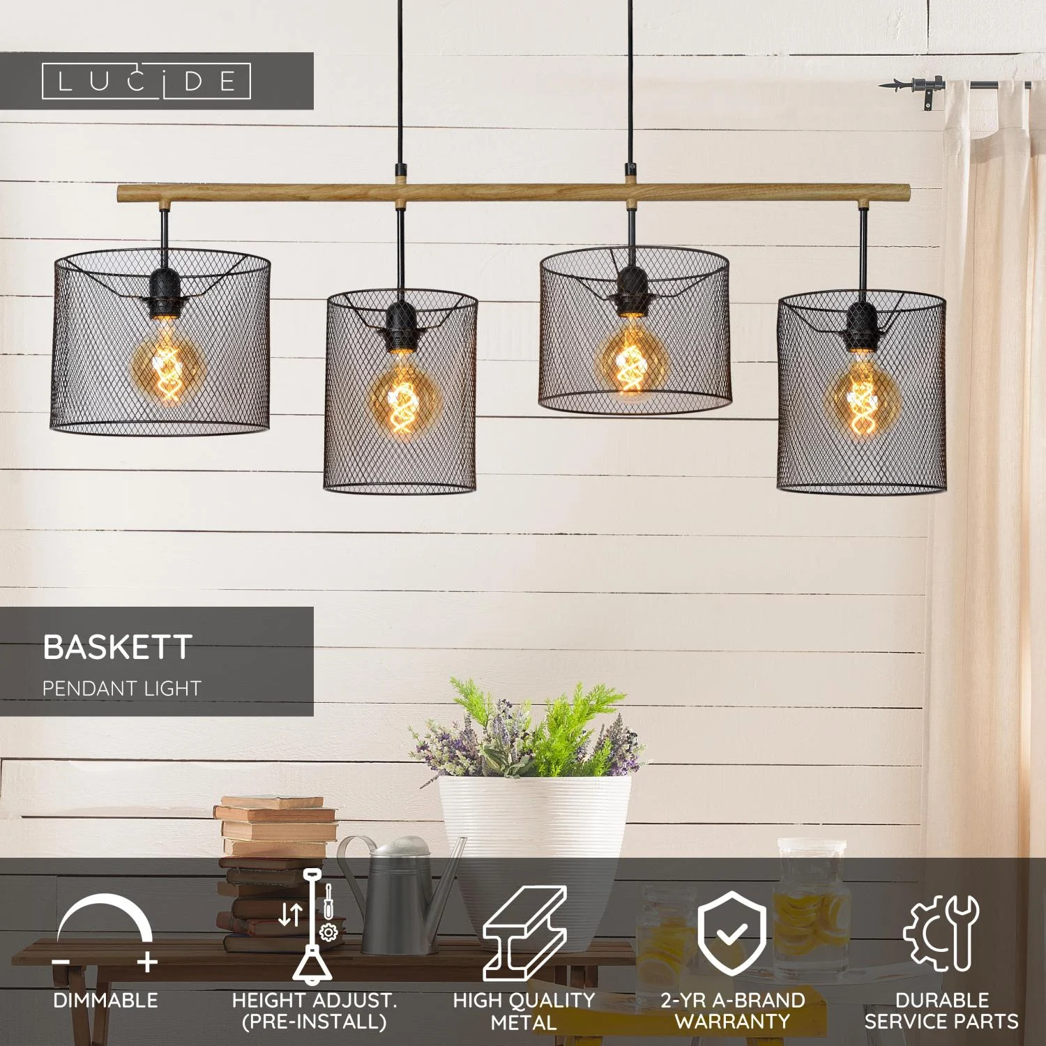 Lucide BASKETT - Zu00e1vesnu00e9 svetlo - 4xE27 - u010dierne