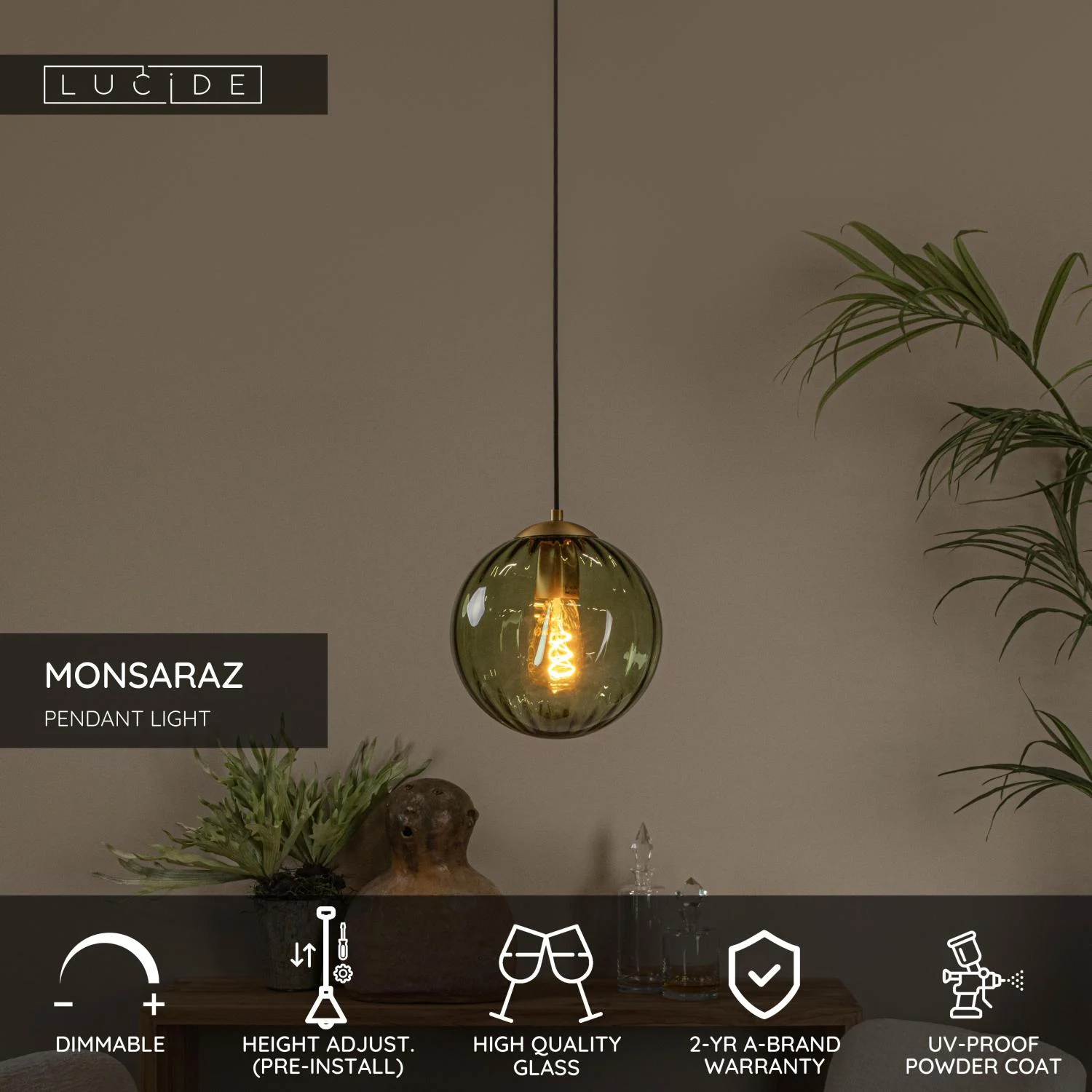 Lucide MONSARAZ - Zu00e1vesnu00e9 svetlo - u00d8 25 cm - 1xE27 - Zelenu00e1