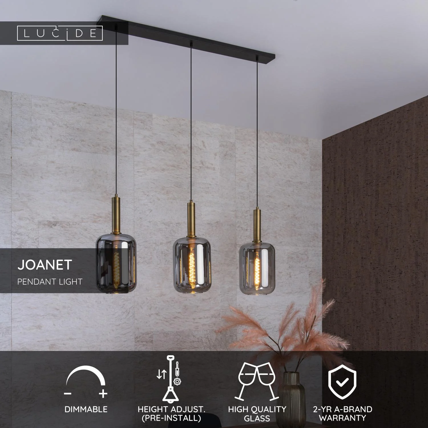 Lucide JOANET - Zu00e1vesnu00e9 svetlo - 3xE27 - Smoke Grey