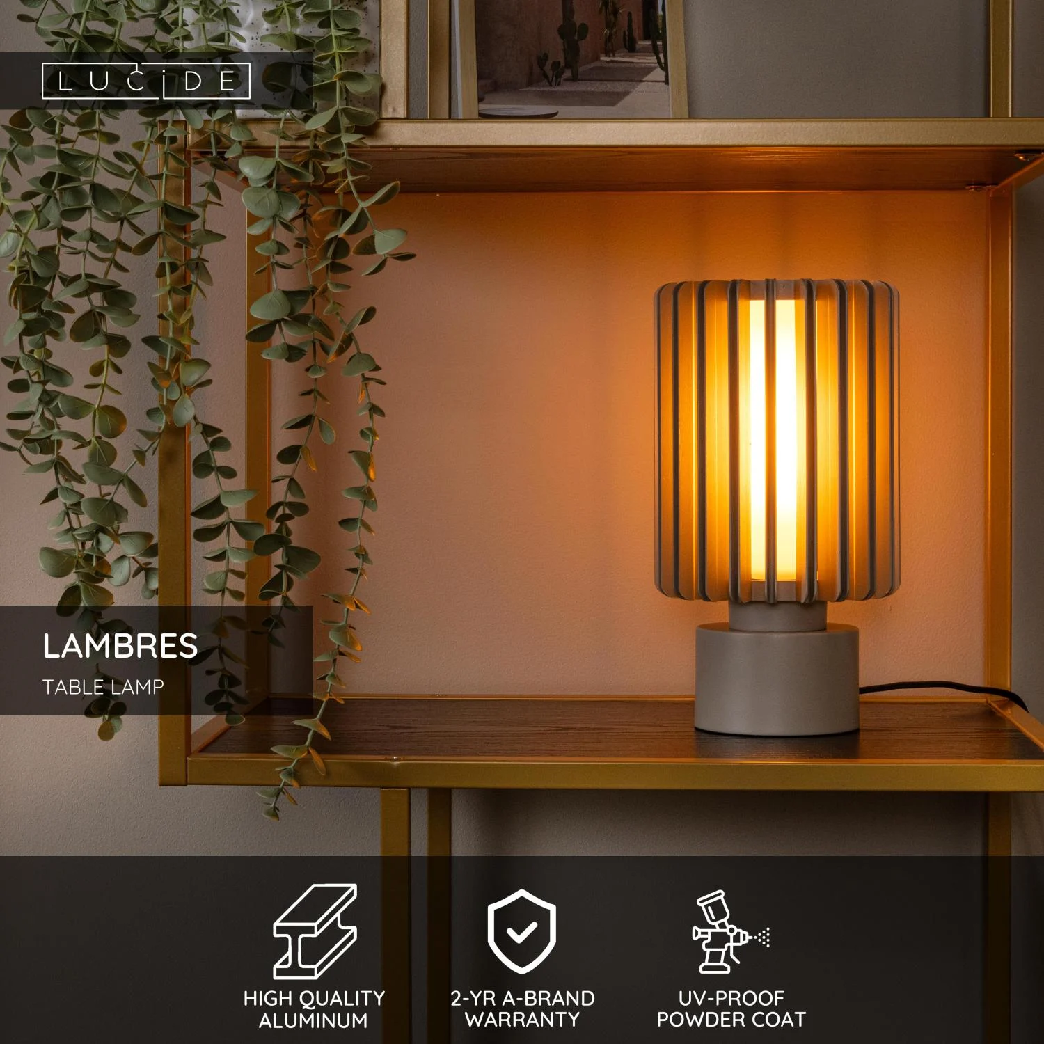 Lucide LAMBRES - Stolnu00e1 lampa - u00d8 15 cm - 1xE27 - Taupe