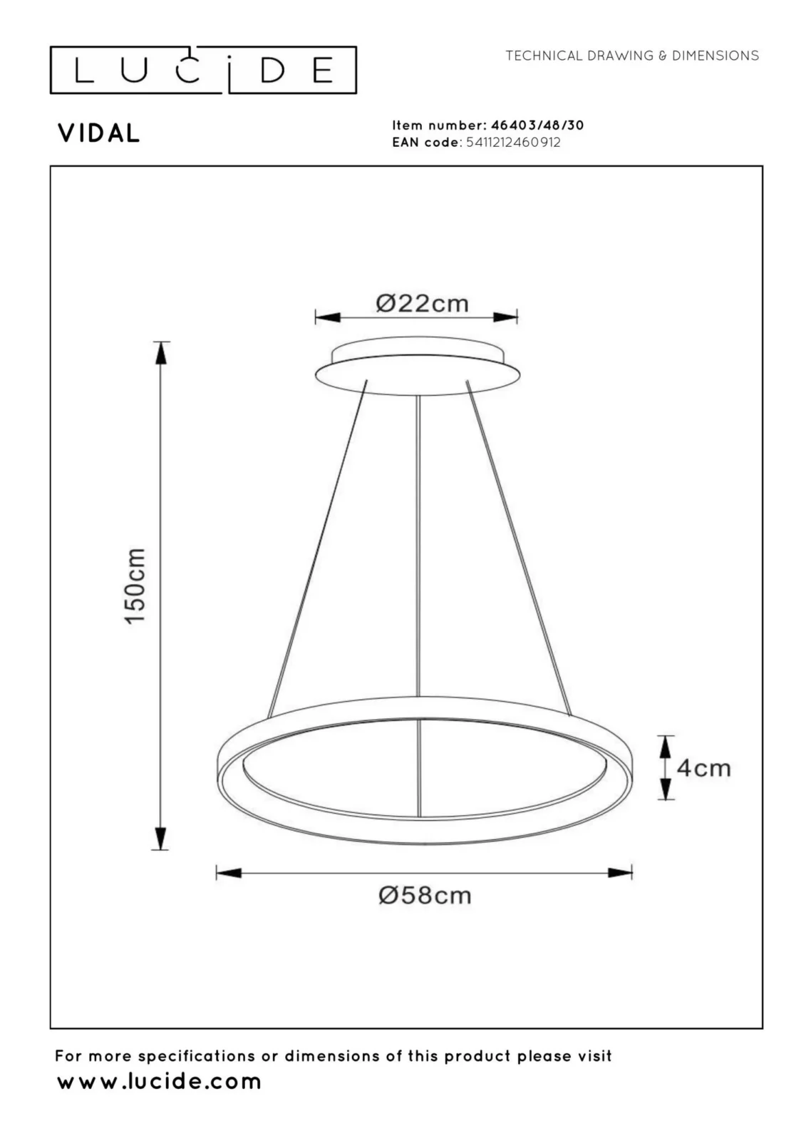 Lucide VIDAL - zu00e1vesnu00e9 svetlo - u00d8 58 cm - LED tlmenu00e9 - 1x48W 2700K - u010dierne