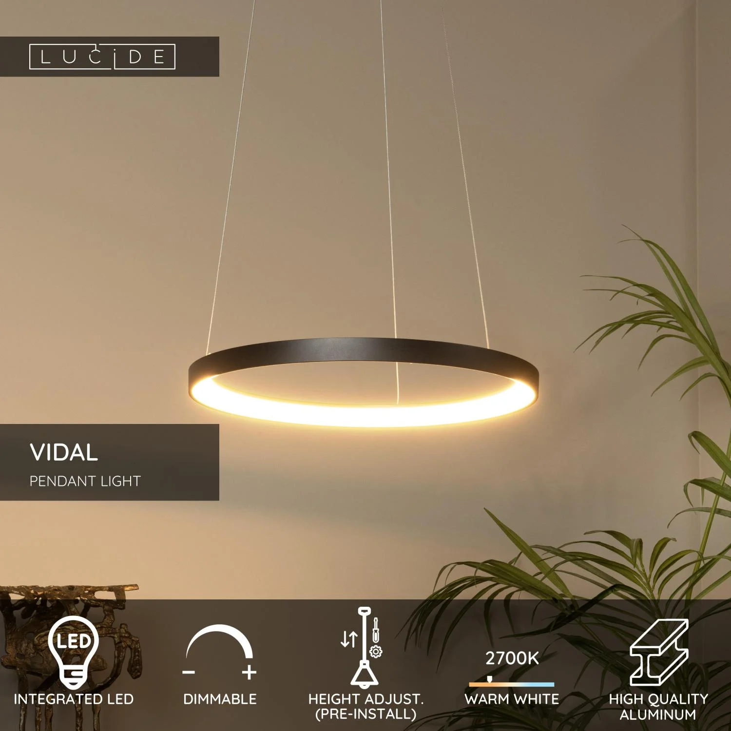 Lucide VIDAL - zu00e1vesnu00e9 svetlo - u00d8 58 cm - LED tlmenu00e9 - 1x48W 2700K - u010dierne