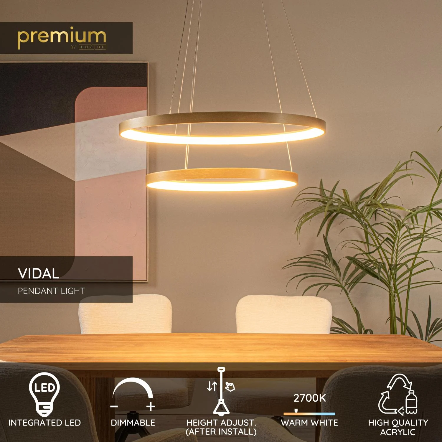 Lucide VIDAL - Zu00e1vesnu00e9 svetlo - u00d8 78 cm - LED tlmenu00e9. - 1x92W 2700K - Matnu00e9 zlato / mosadz | Pru00e9miovu00e9