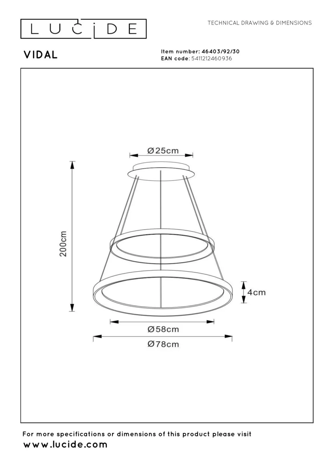 Lucide VIDAL - zu00e1vesnu00e9 svetlo - u00d8 78 cm - LED tlmenu00e9. - 1x92W 2700K - u010dierna | Pru00e9miovu00e9