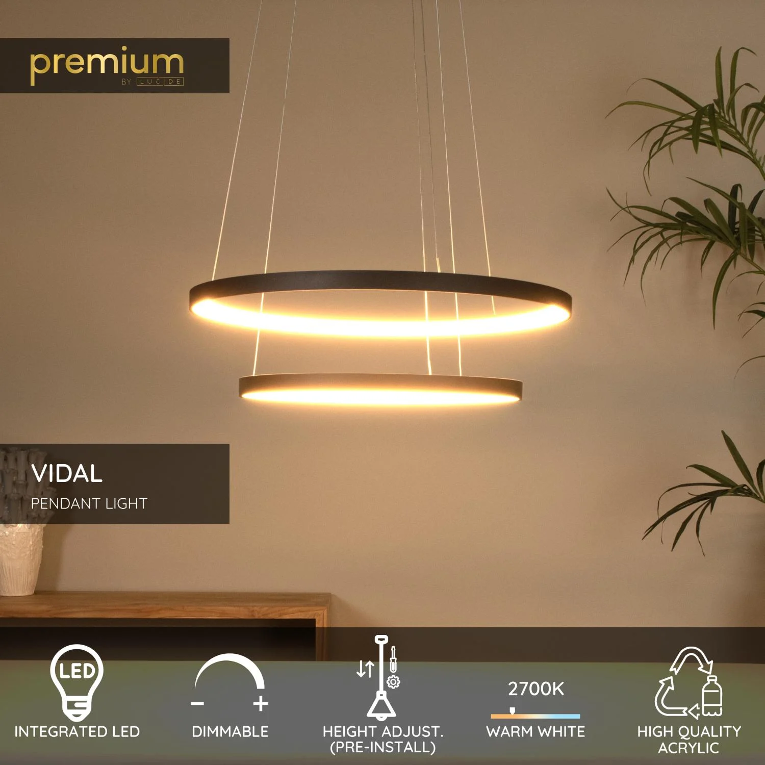 Lucide VIDAL - zu00e1vesnu00e9 svetlo - u00d8 78 cm - LED tlmenu00e9. - 1x92W 2700K - u010dierna | Pru00e9miovu00e9