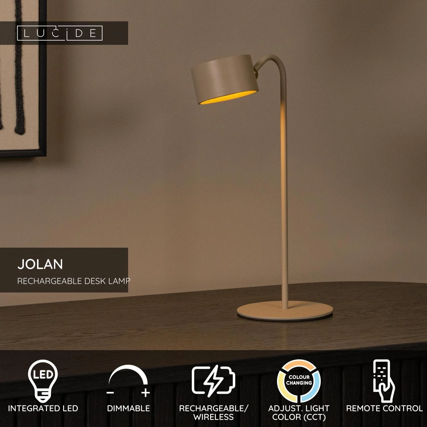 Lucide JOLAN - Nabu00edjateu013enu00e1 stolnu00e1 lampa/svorkovu00e1 lampa/nu00e1stennu00e1 lampa - Batu00e9riovu00fd balu00edk - LED Slabu00e9 na teplu00e9 - 1x3,5W 2700K/5700K - Taupe