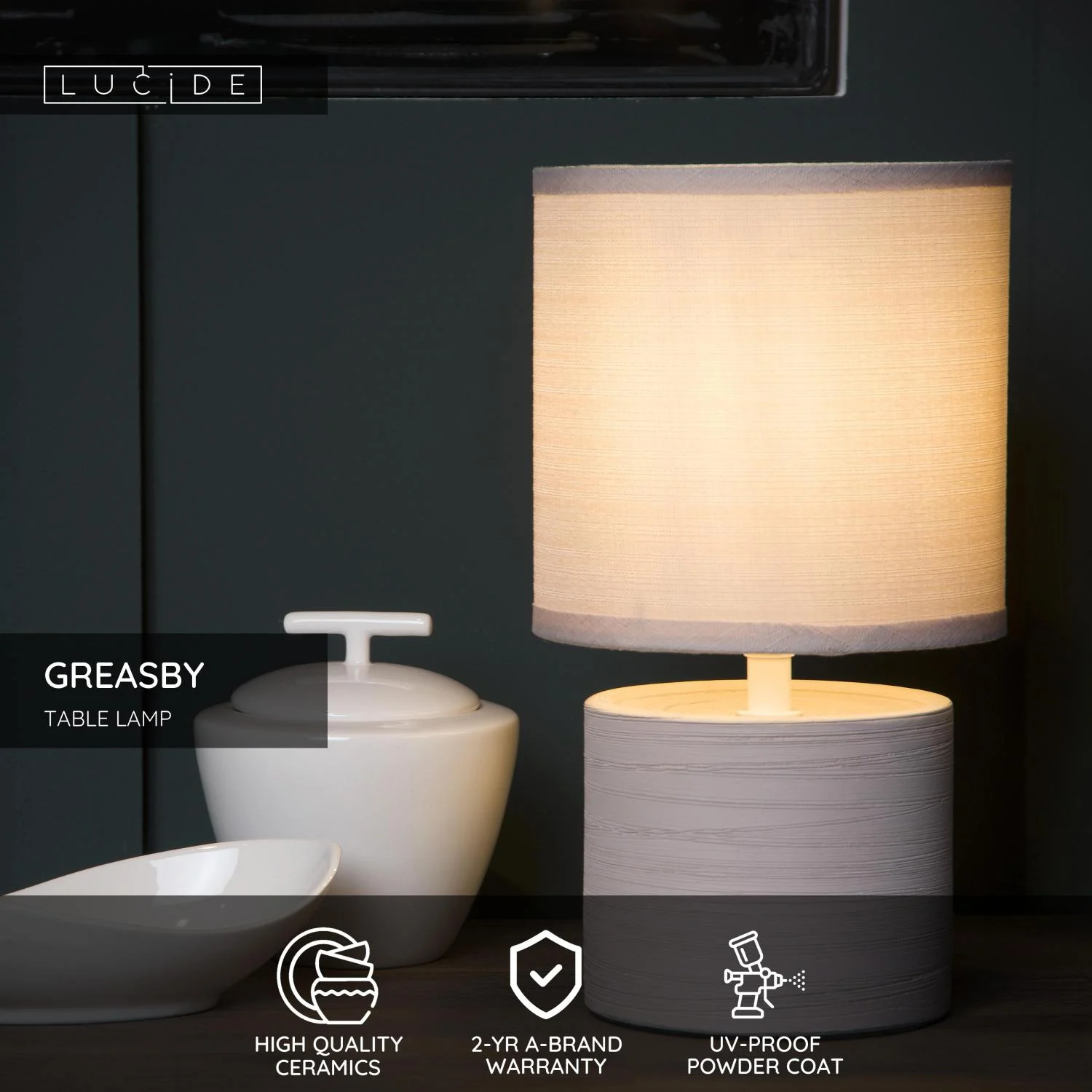 Lucide GREASBY - Stolnu00e1 lampa - u00d8 14 cm - 1xE14 - Kru00e9movu00e1