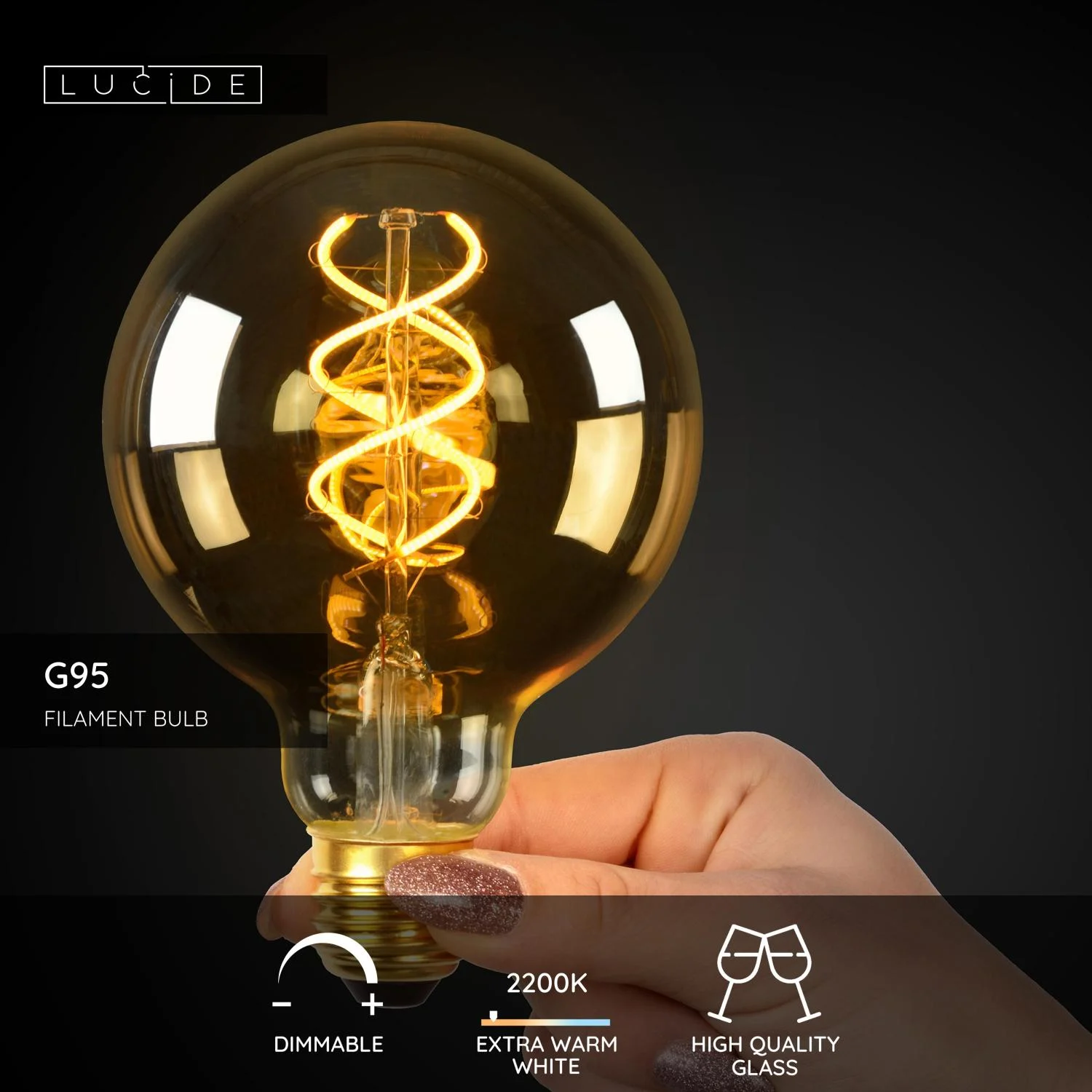 Lucide G95 - u017diarovka s vlu00e1knom - u00d8 9,5 cm - LED tlmenu00e1. - E27 - 1x4,9W 2200K - jantu00e1rovu00e1