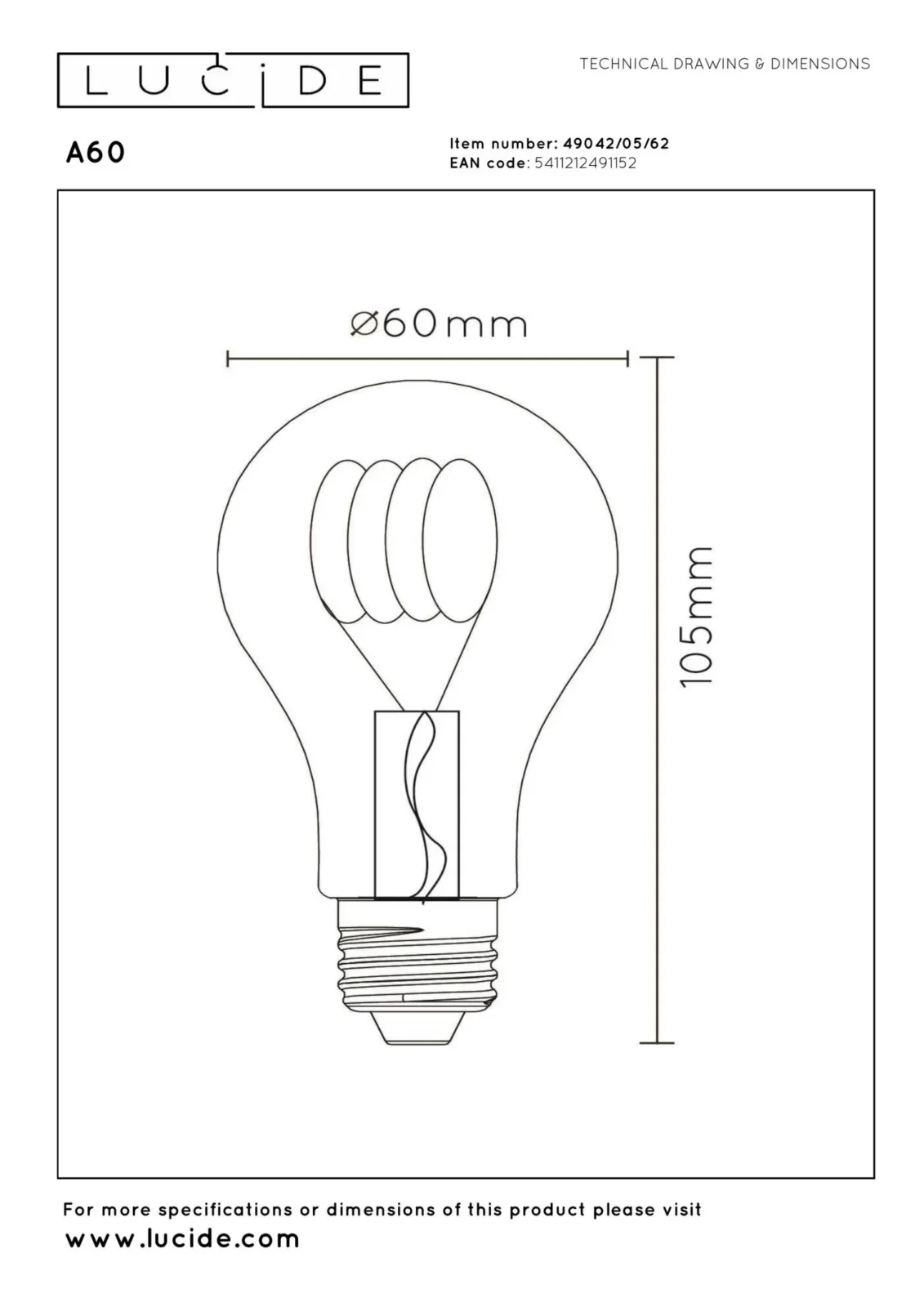 Lucide A60 - u017diarovka s vlu00e1knom - u00d8 6 cm - LED stmievanu00e1. - E27 - 1x4,9W 2200K - jantu00e1rovu00e1