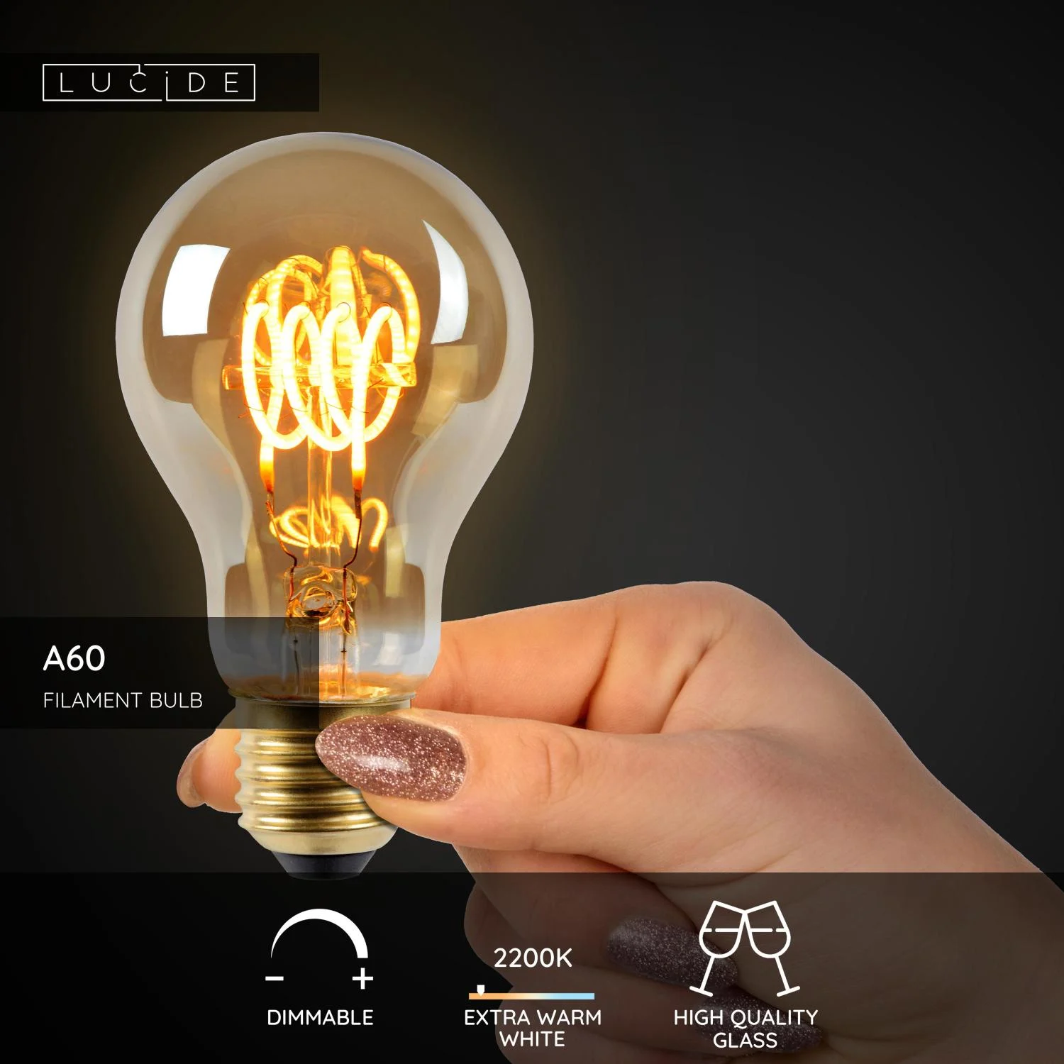 Lucide A60 - u017diarovka s vlu00e1knom - u00d8 6 cm - LED stmievanu00e1. - E27 - 1x4,9W 2200K - jantu00e1rovu00e1