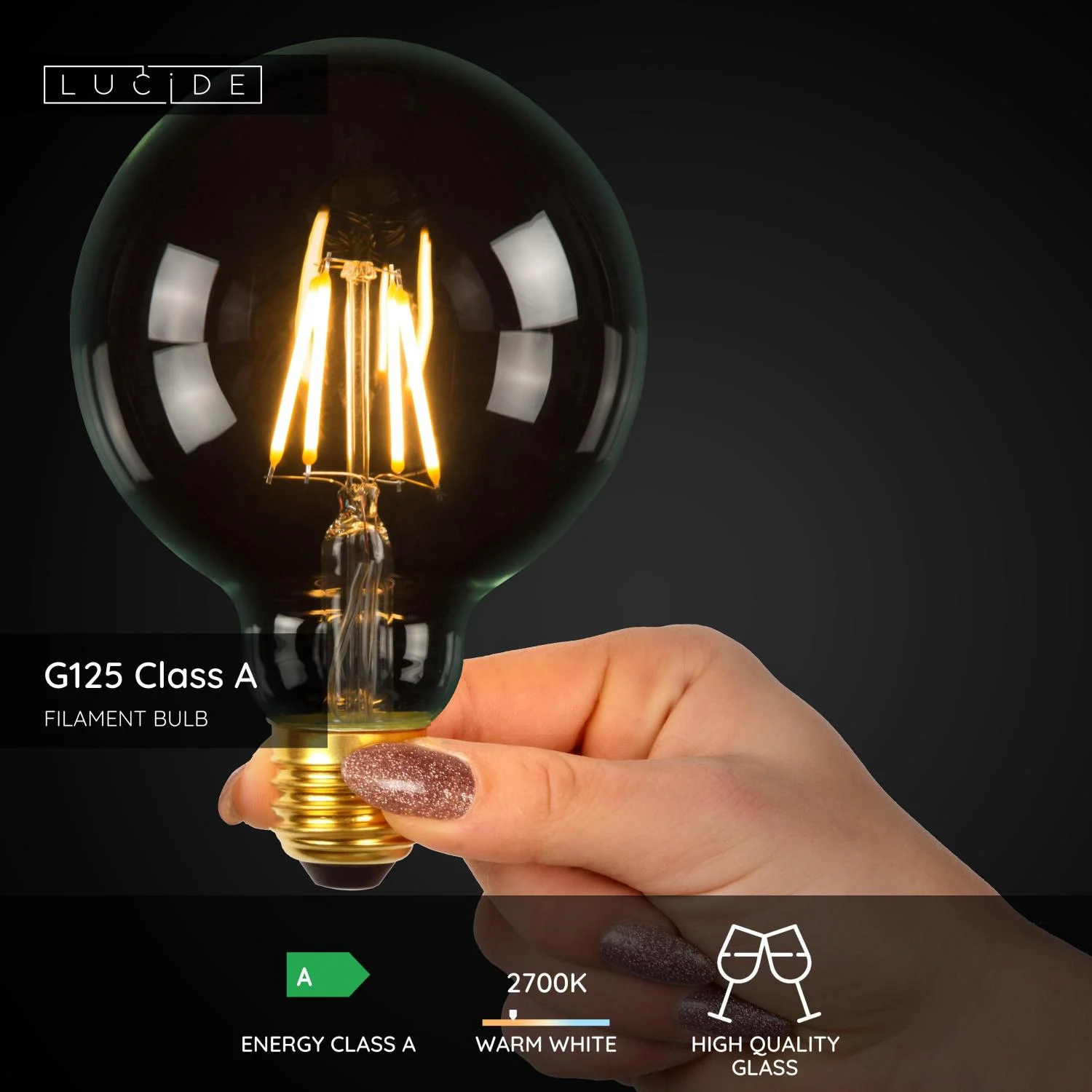 Lucide G125 Class A - u017diarovka s vlu00e1knom - u00d8 12,5 cm - LED - E27 - 1x7W 2700K - Priehu013eadnu00fd