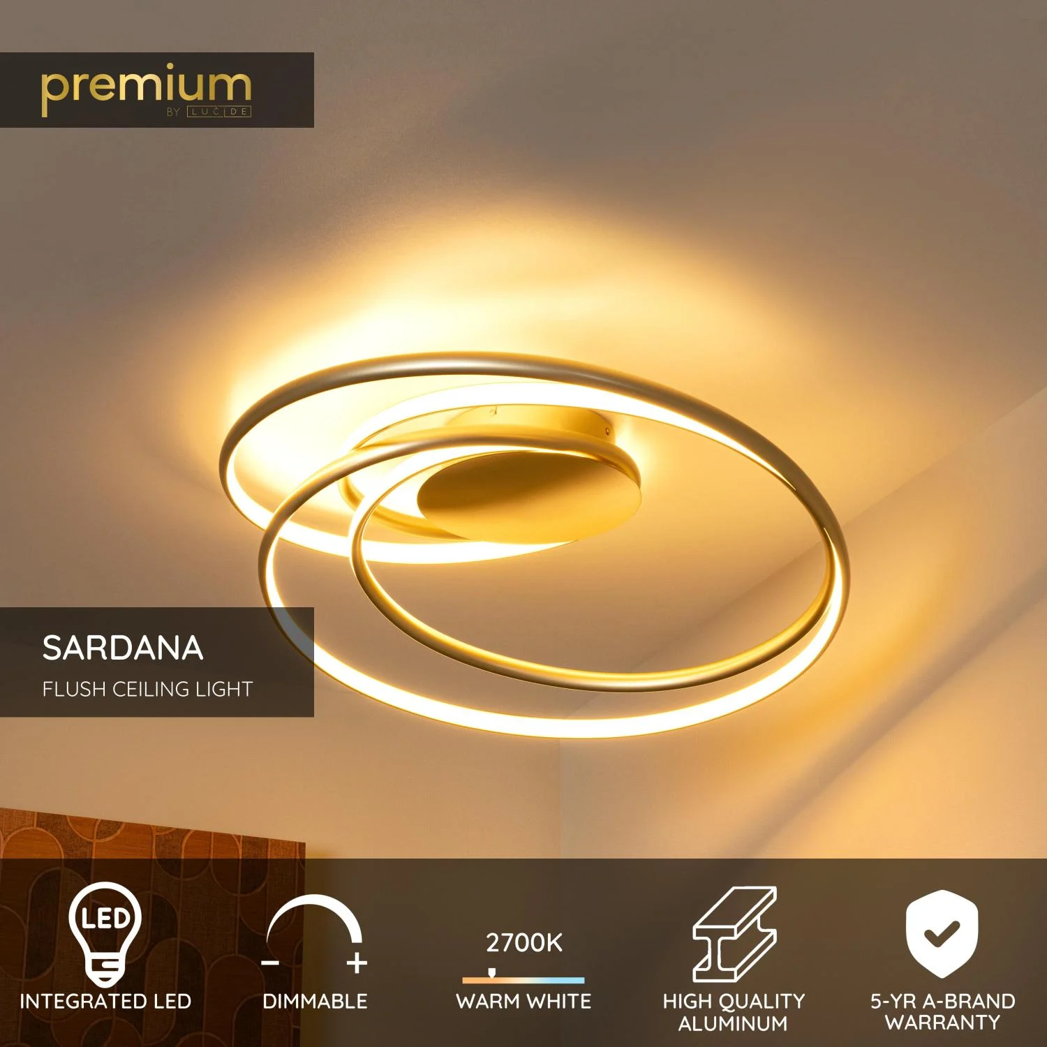 Lucide SARDANA - Zapustenu00e9 stropnu00e9 svetlo - LED tlmenu00e9. - 1x54W 2700K - matnu00e9 zlato / mosadz | Pru00e9miovu00e9