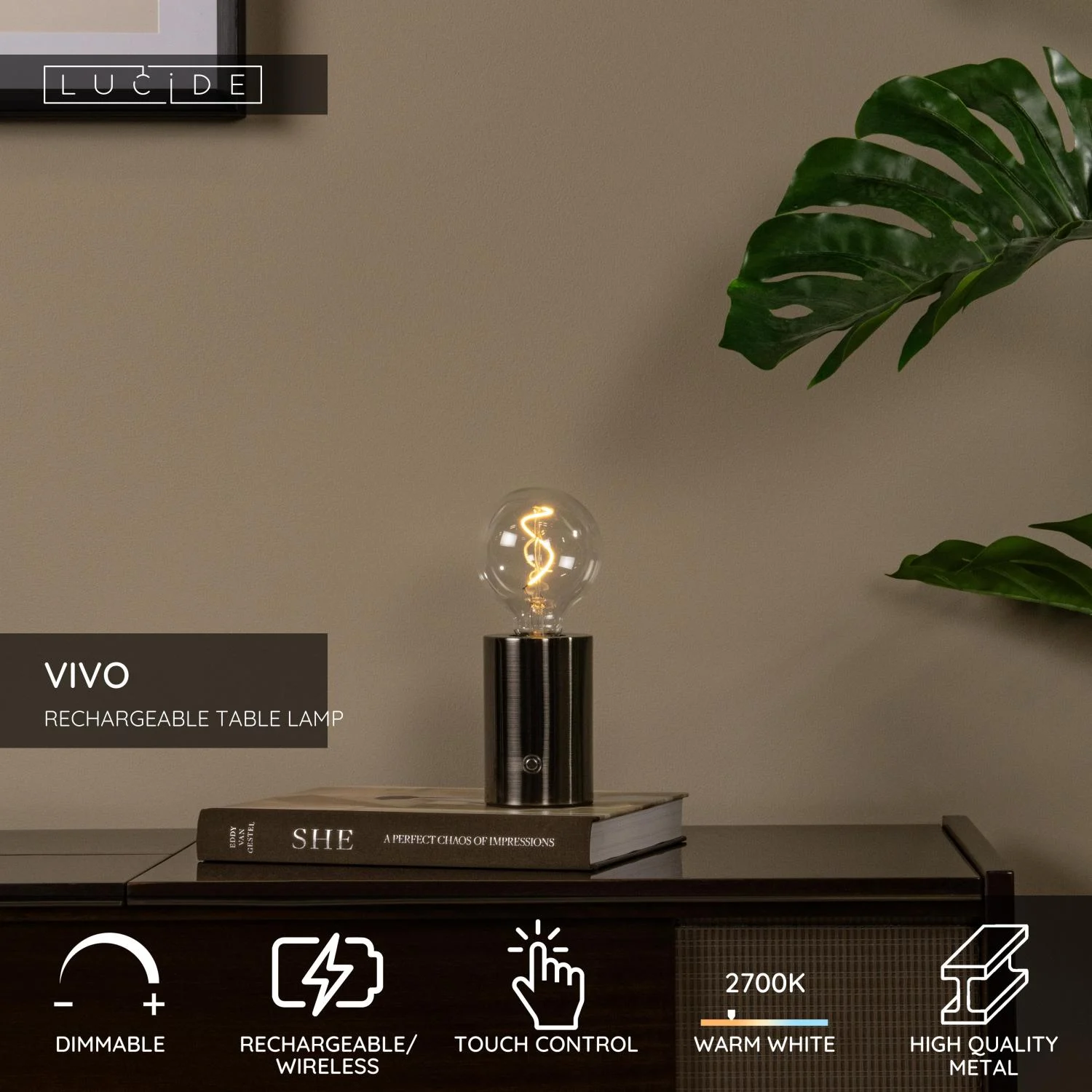 Lucide VIVO - Nabu00edjateu013enu00e1 stolnu00e1 lampa - Batu00e9riovu00fd balu00edk - u00d8 8 cm - LED tlmenu00fd. - E27 - 1x1W 2700K - Satin Gun Metal