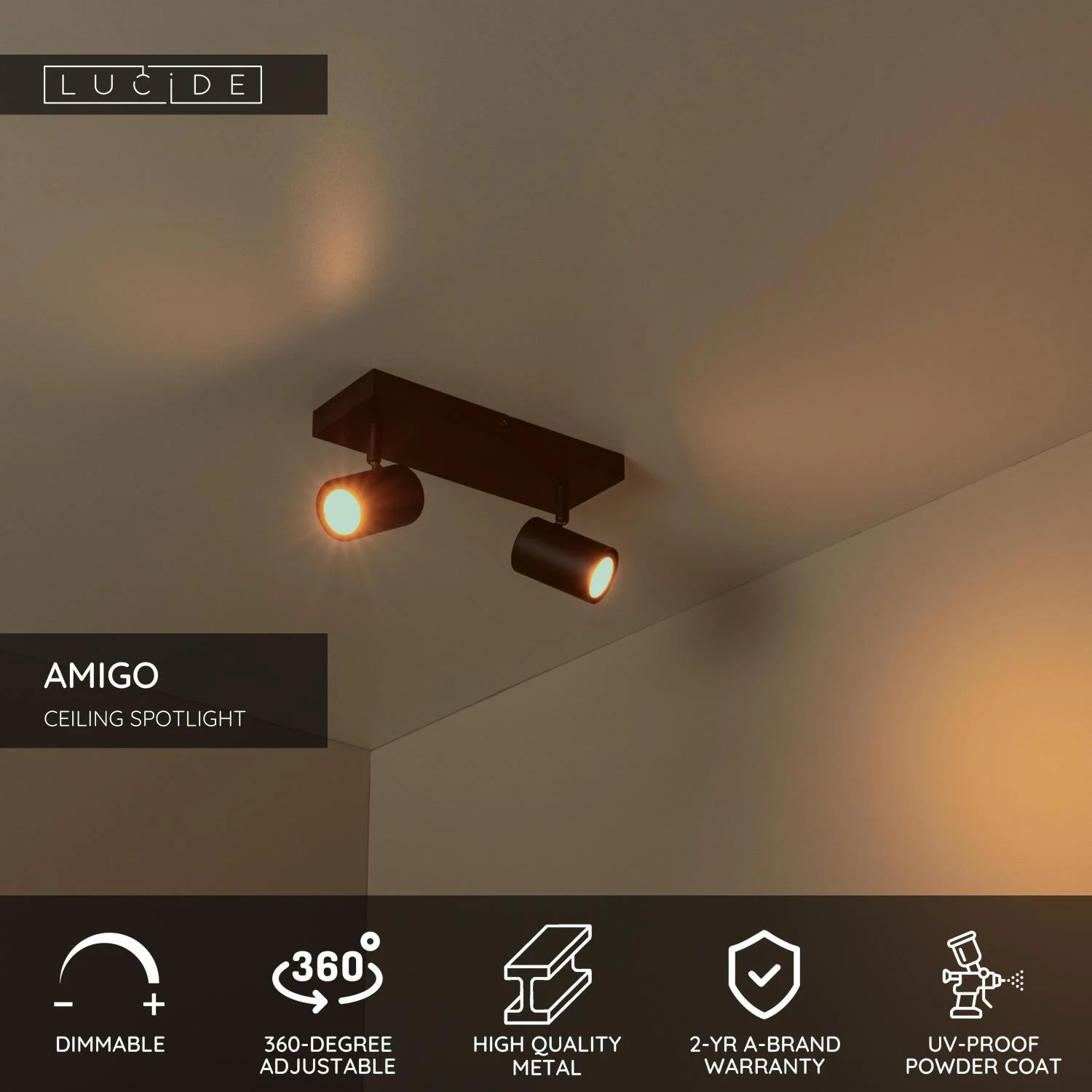 Lucide AMIGO - Stropnu00e9 reflektory - 2xGU10 - u010cierne