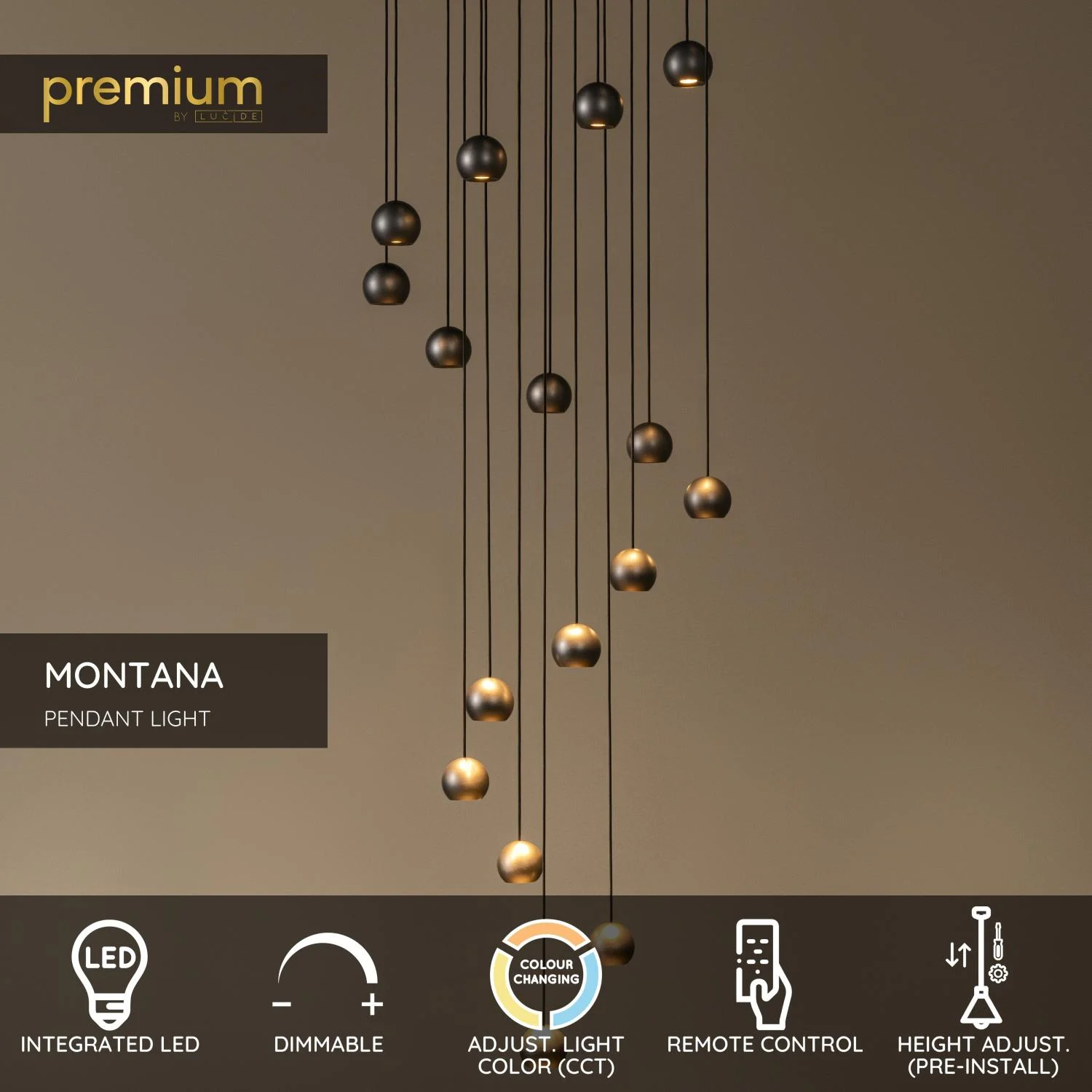 Lucide MONTANA - Zu00e1vesnu00e9 svetlo - LED tlmenu00e9 - CCT - 16x5,7W 2700K/4000K - Vhodnu00e9 pre dvojvu00fdu0161kovu00e9 priestory a vysoku00fd strop - Ku00e1va | Pru00e9miovu00e9
