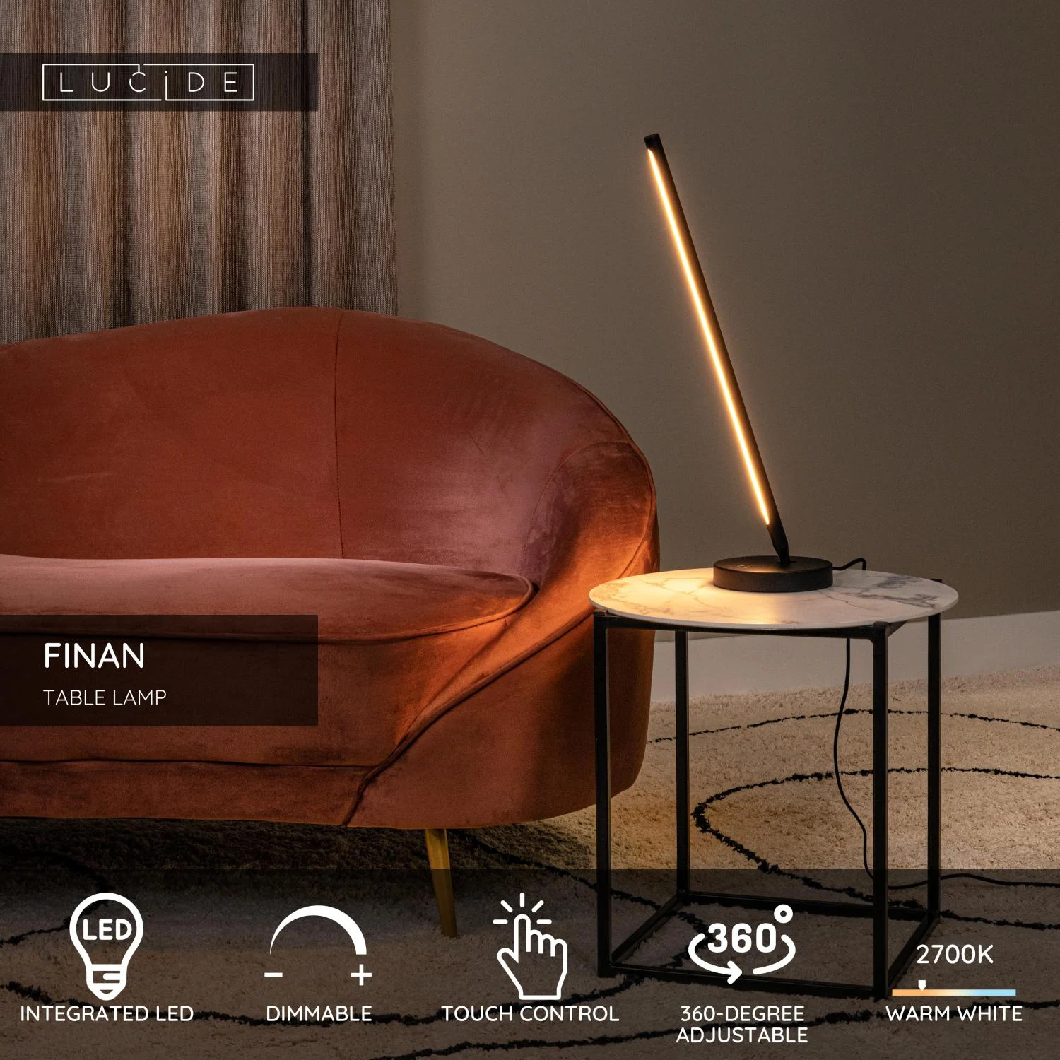 Lucide FINAN - Stolnu00e1 lampa - LED tlmenu00e1 - 1x12W 2700K - u010dierna
