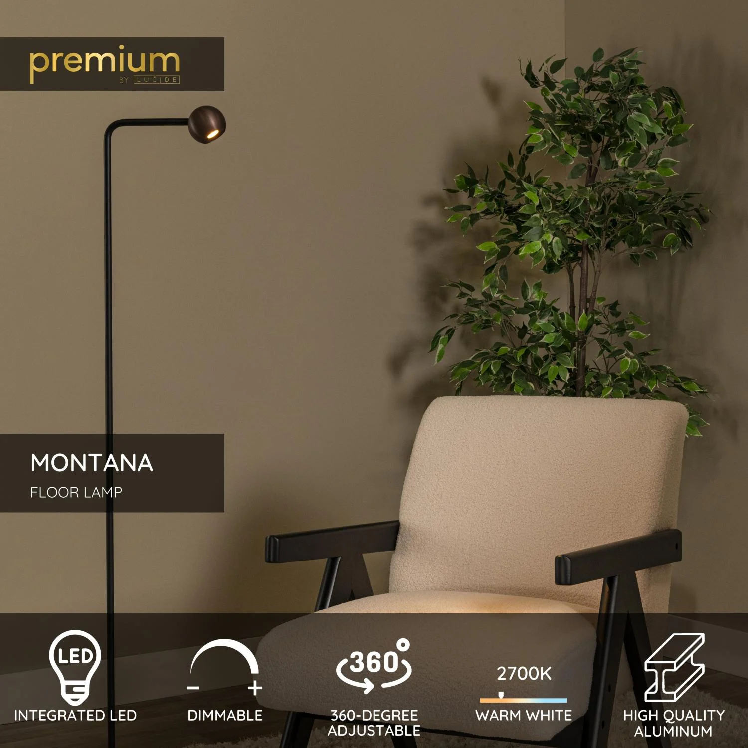 Lucide MONTANA - Stojaca lampa - LED tlmenu00e1 - 1x6,3W 2700K - ku00e1va | Pru00e9miovu00e9