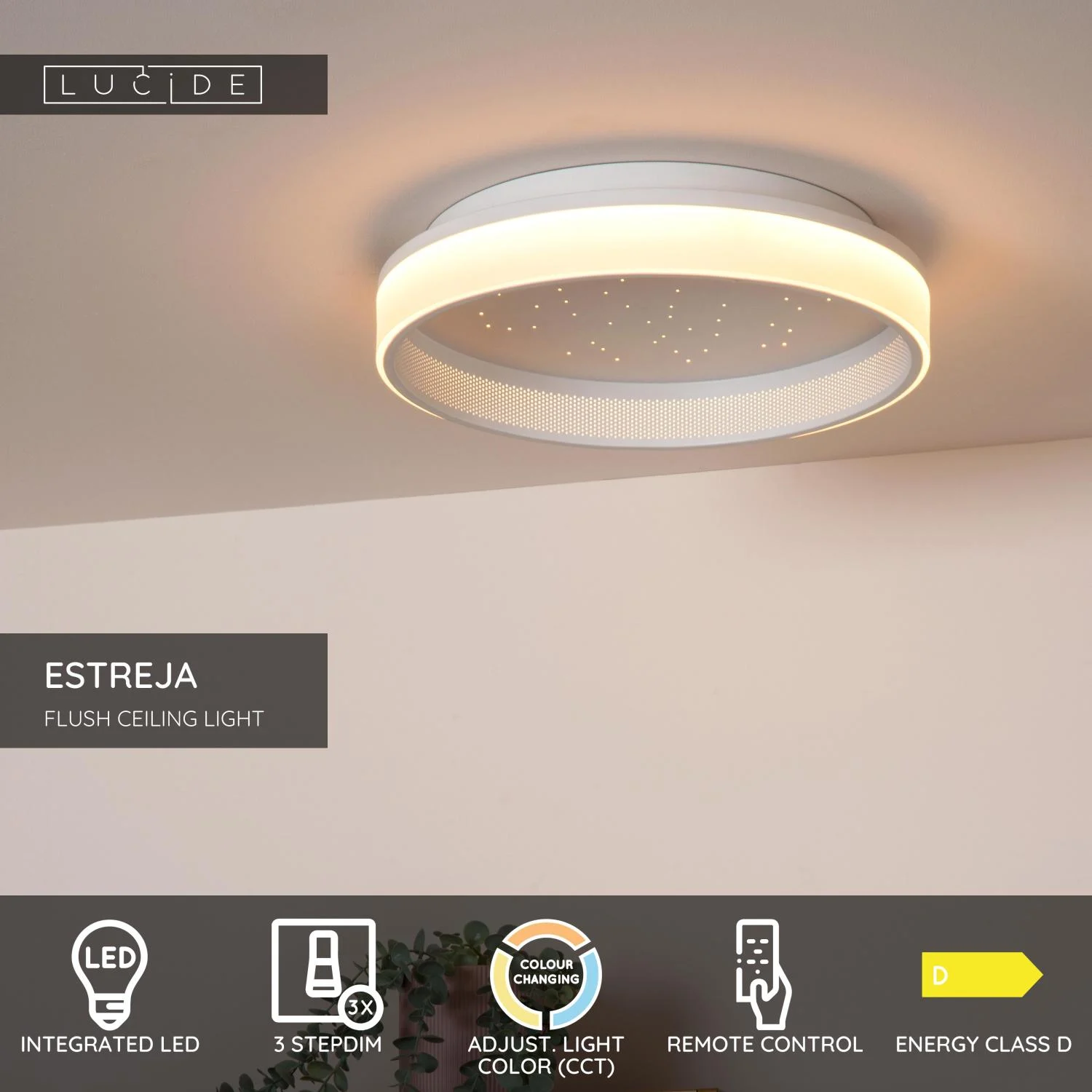 Lucide ESTREJA - Spu00fau0161u0165acie stropnu00e9 svetlo - u00d8 40 cm - LED 3-stupu0148ovu00e9 Dimovanie - CCT - 2500K/3000K - biela