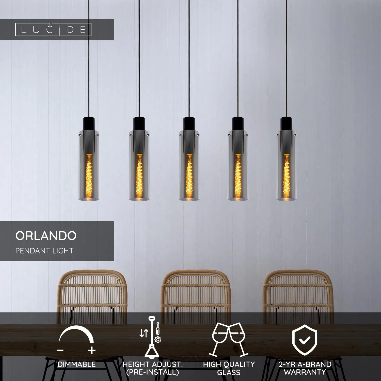 Lucide ORLANDO - Zu00e1vesnu00e9 svetlo - 5xE27 - Smoke Grey