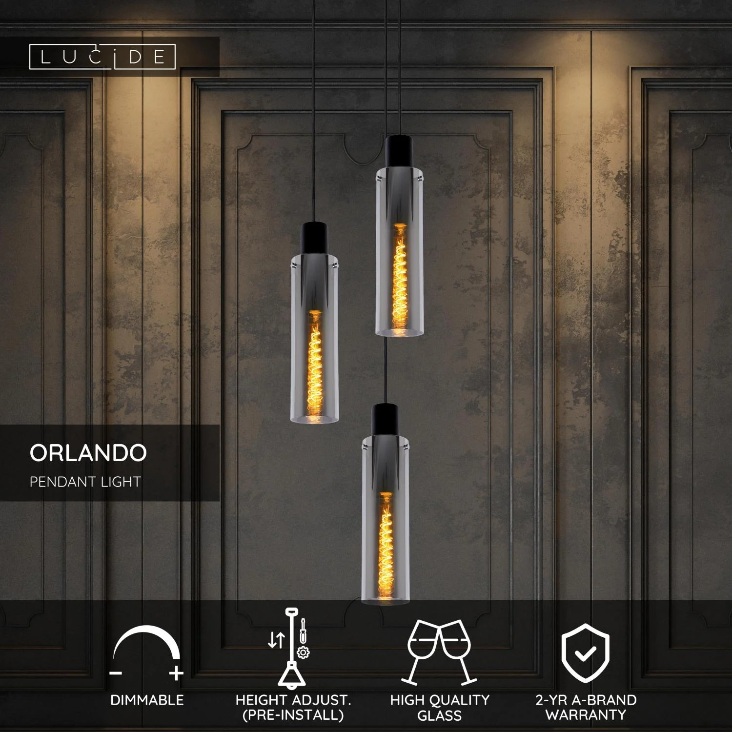 Lucide ORLANDO - Zu00e1vesnu00e9 svetlo - u00d8 32 cm - 3xE27 - Smoke Grey