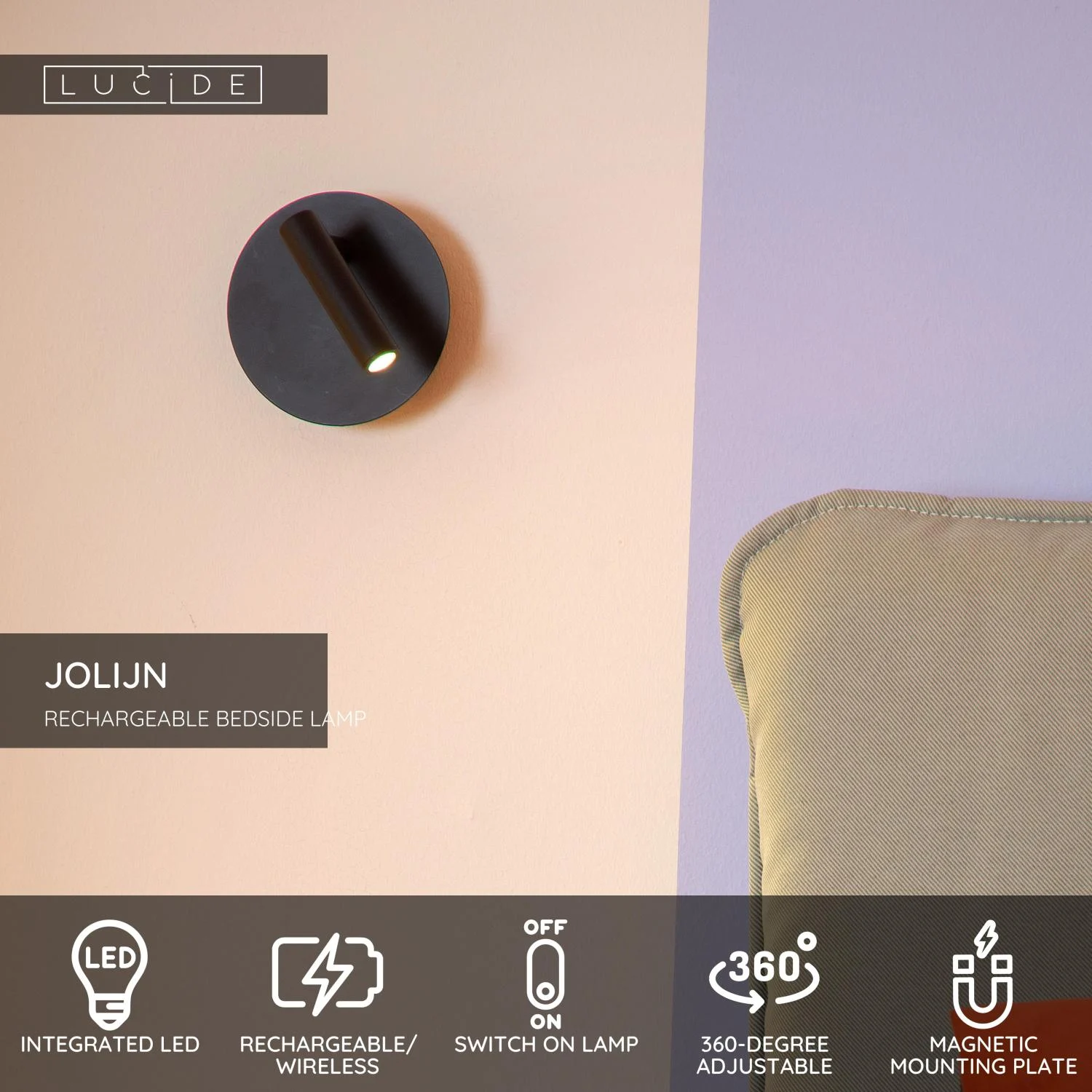 Lucide JOLIJN - Nabu00edjateu013enu00e1 lampa pri poste / nu00e1stennu00e9 svetlo - Batu00e9riovu00fd balu00edk - u00d8 10,2 cm - LED - 1x2W 3000K - Magneticku00e1 - u010cierna