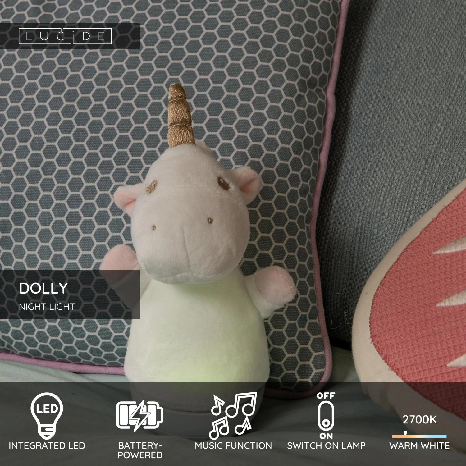 Lucide DOLLY - nou010dnu00e9 svetlo pre deti - batu00e9rie - LED - 1x3W 2700K - s hudobnou funkciou - biela