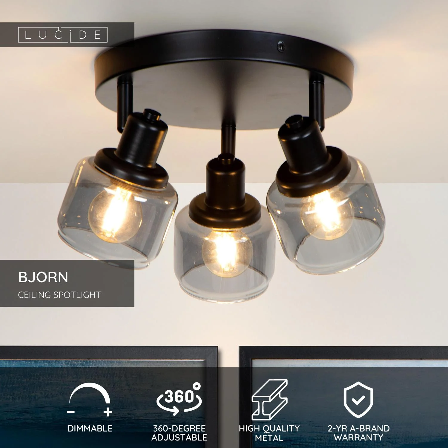 Lucide BJORN - Stropnu00e9 reflektory - u00d8 38 cm - 3xE14 - u010dierna
