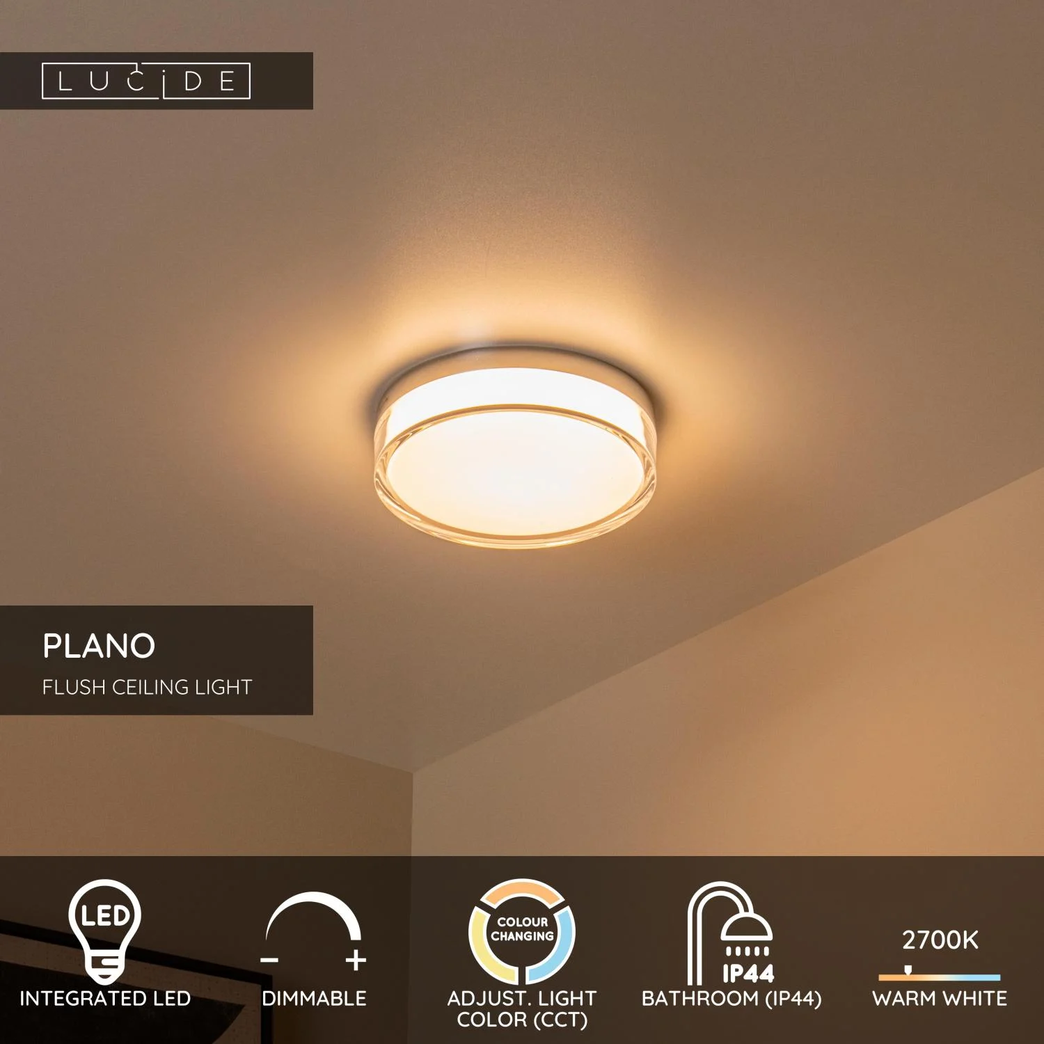 Lucide PLANO - Spu00fau0161u0165acie stropnu00e9 svetlo Ku00fapeu013eu0148a - u00d8 23 cm - LED tlmenu00e9. - CCT - 1x11W 2700K/4000K - IP44 - Opu00e1l
